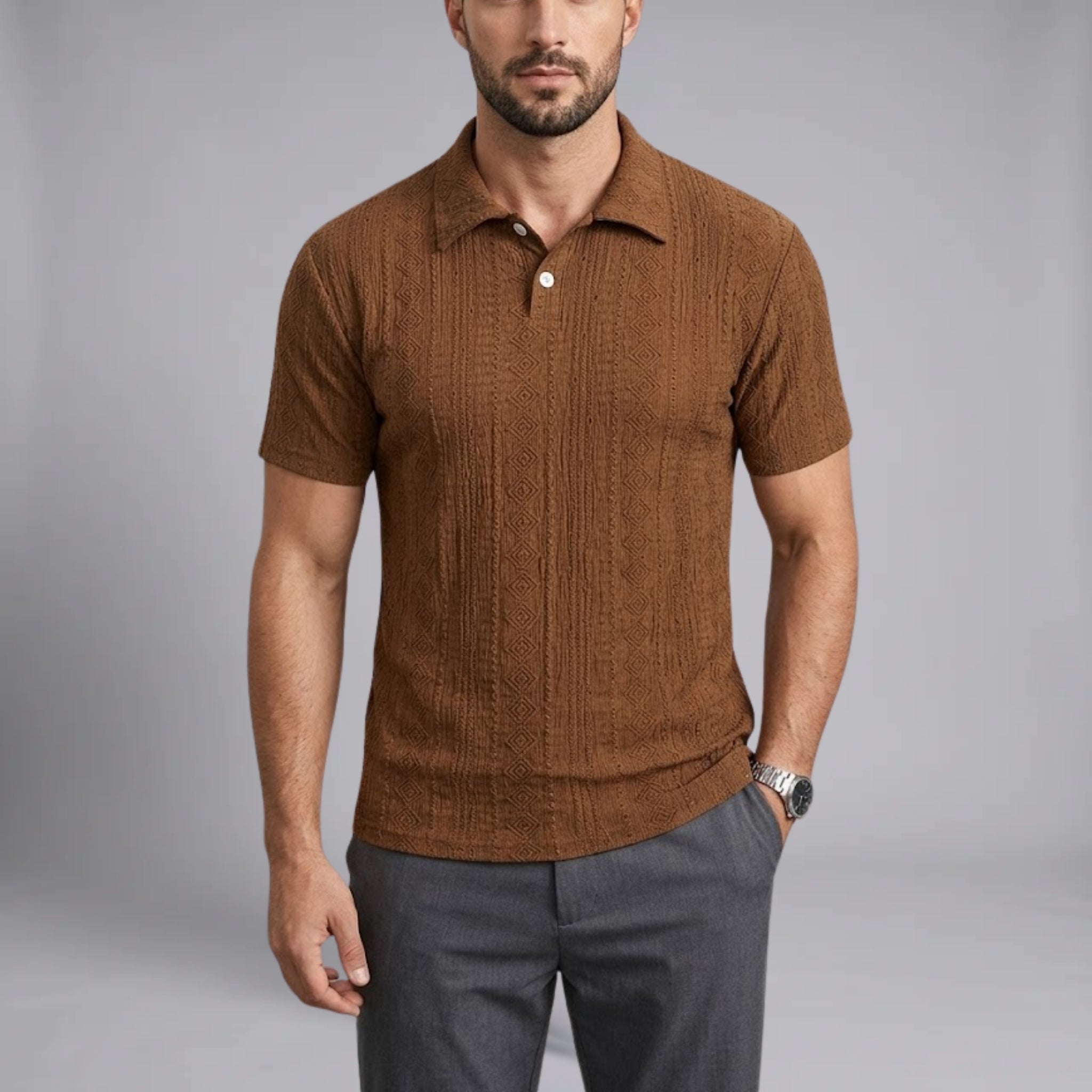 Men’s Textured Geometric Knit Polo Shirt