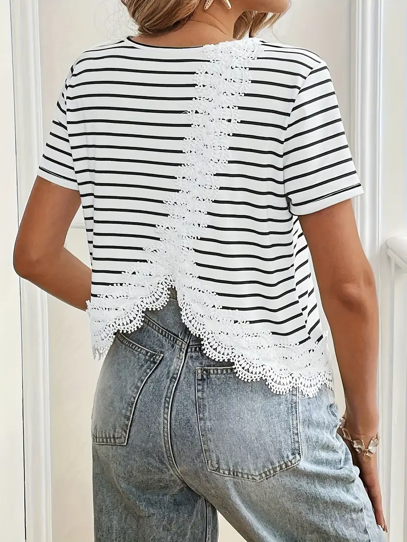 Women's Horizontal Stripe and Lace T-shirt