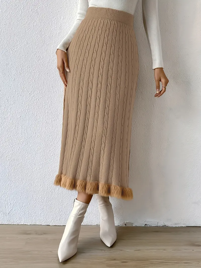 Women's Ribbed Waist and Fuzzy Hem Skirt