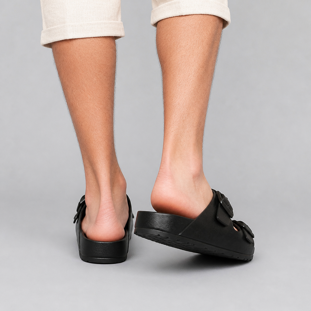 Men's Black Leather-Look Sandals – Smart Casual Summer Slides
