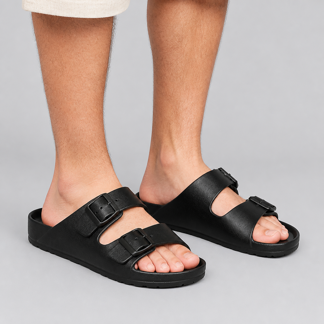 Men's Black Leather-Look Sandals – Smart Casual Summer Slides