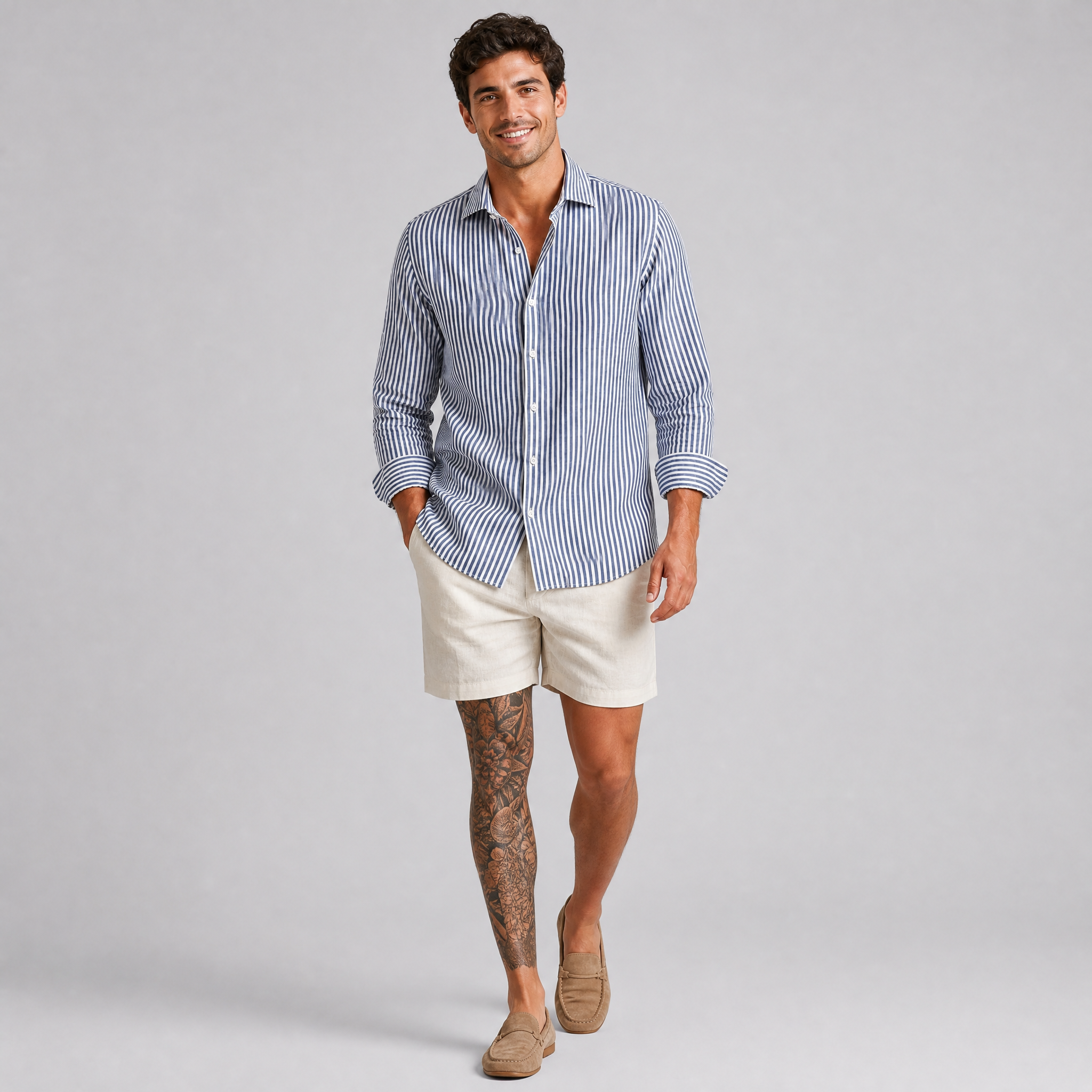 Men’s Blue Striped Linen Long Sleeve Shirt
