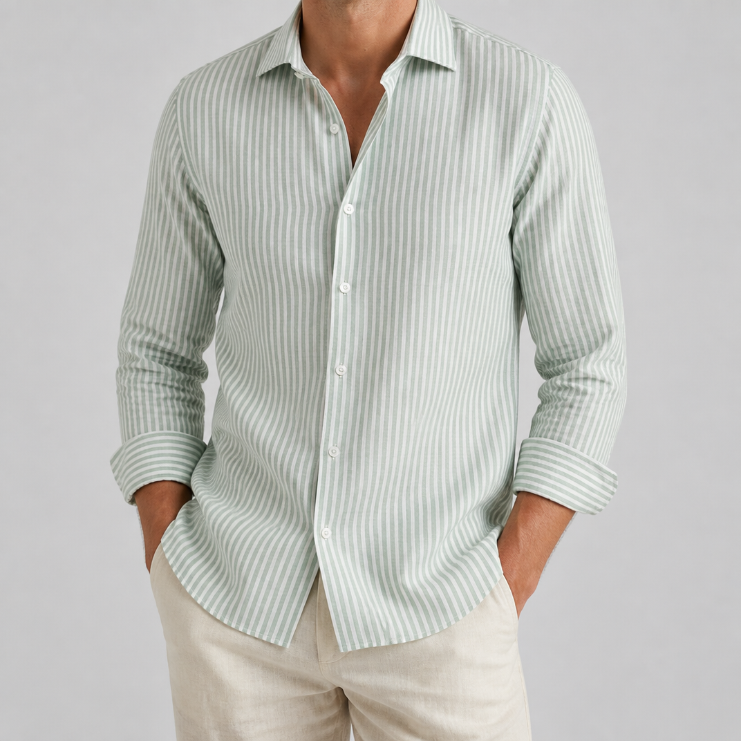Men’s Blue Striped Linen Long Sleeve Shirt