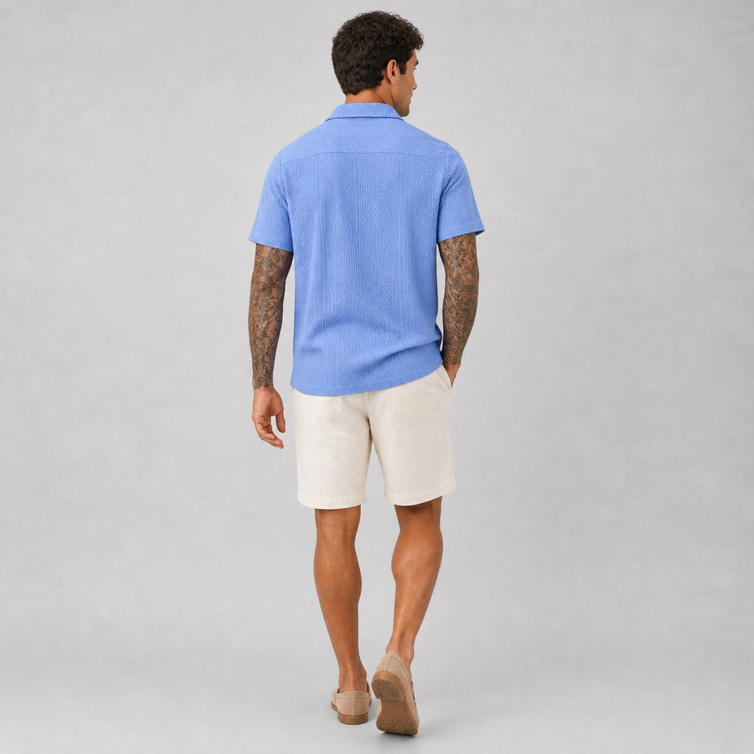 Men's Blue Textured Short Sleeve Shirt – Smart Casual Summer Shirt