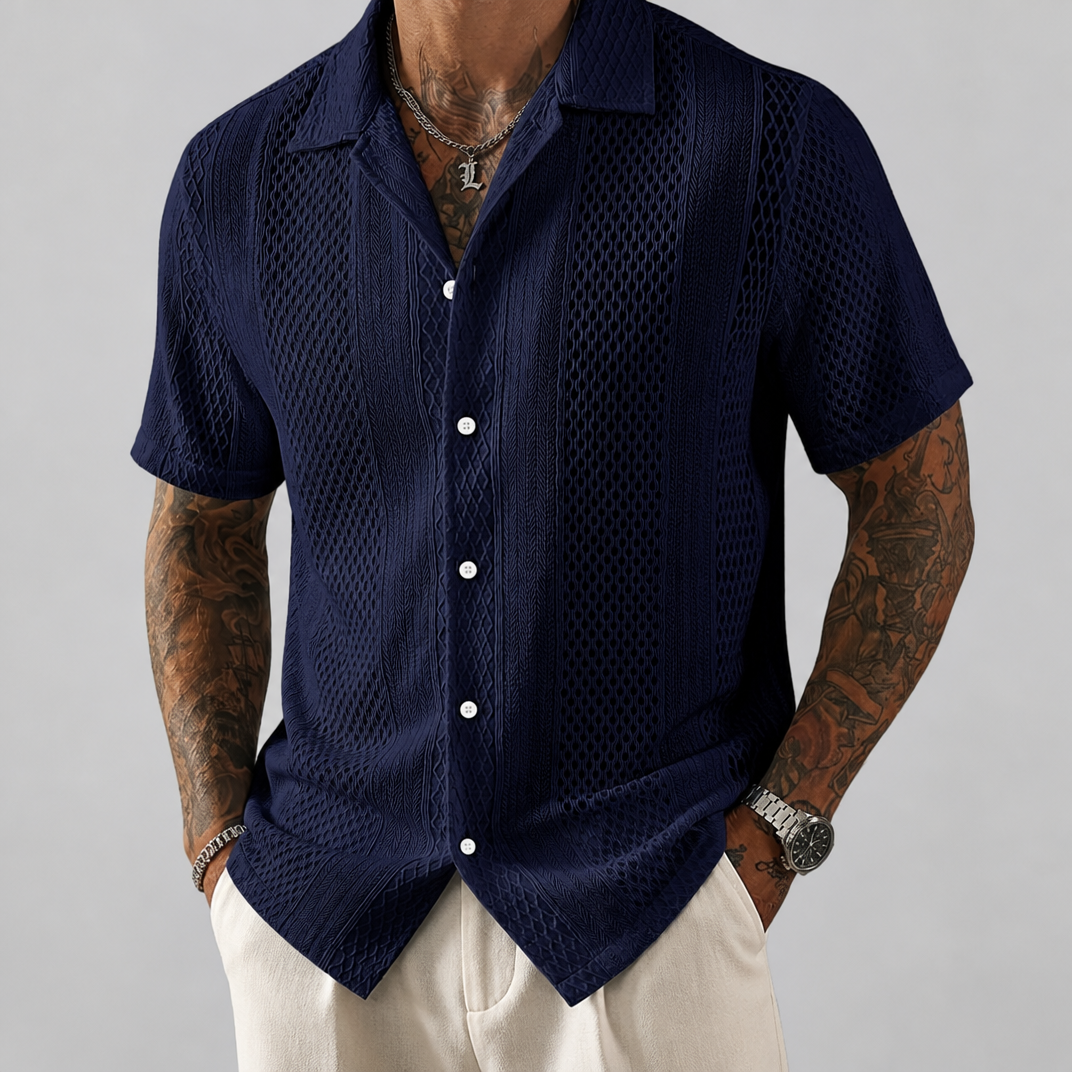 Men's Blue Textured Short Sleeve Shirt – Smart Casual Summer Shirt