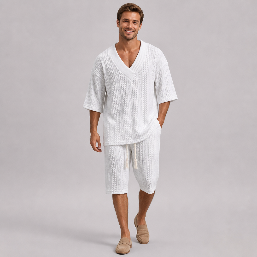 Men’s Cable-Knit V-Neck Top and Drawstring Shorts Set