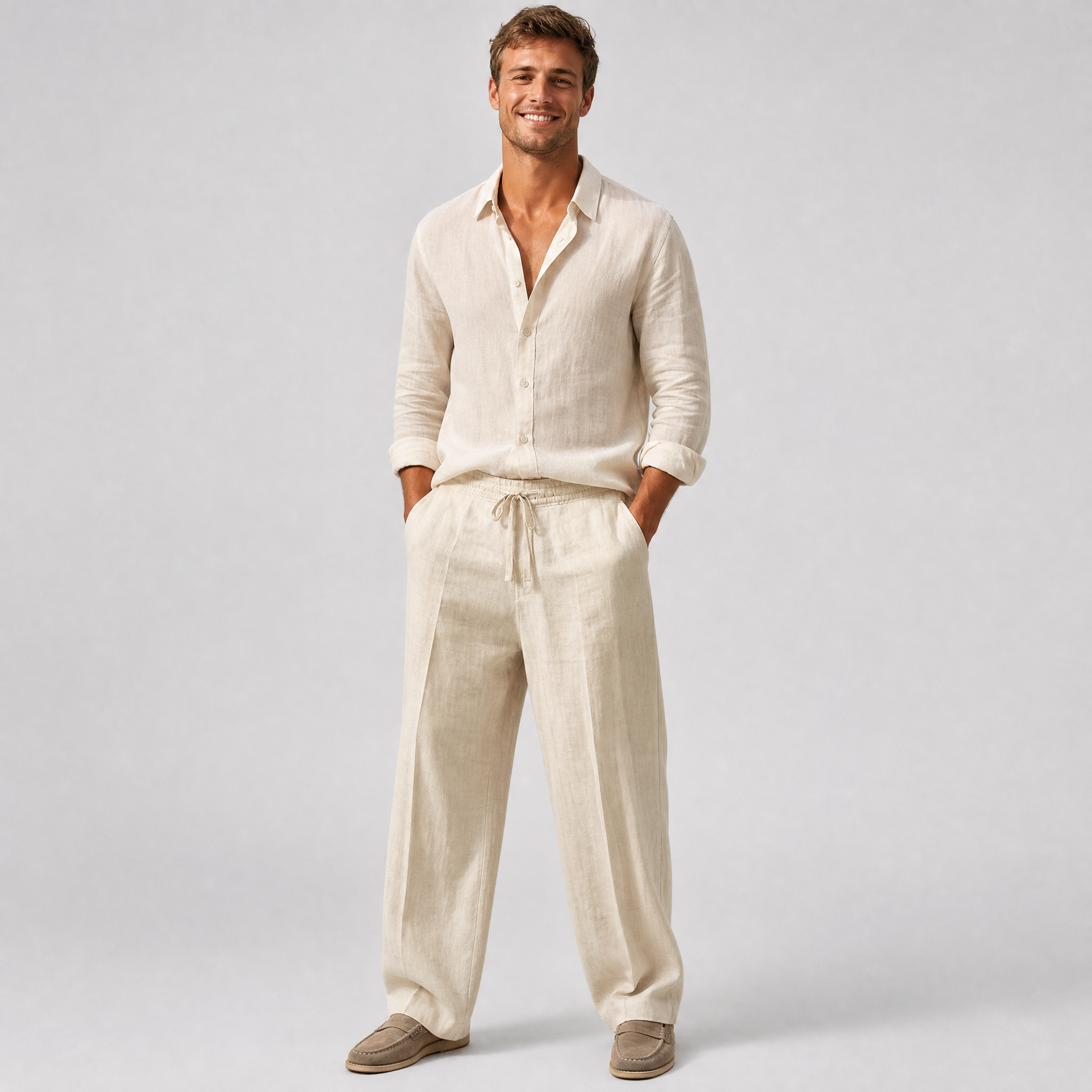 Men’s Casual Wide-Leg Linen Drawstring Lounge Pants
