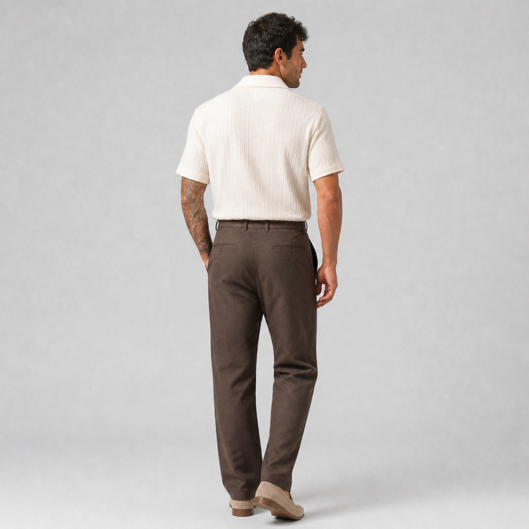 Men’s Coffee Brown Relaxed-Fit Linen-Blend Trousers