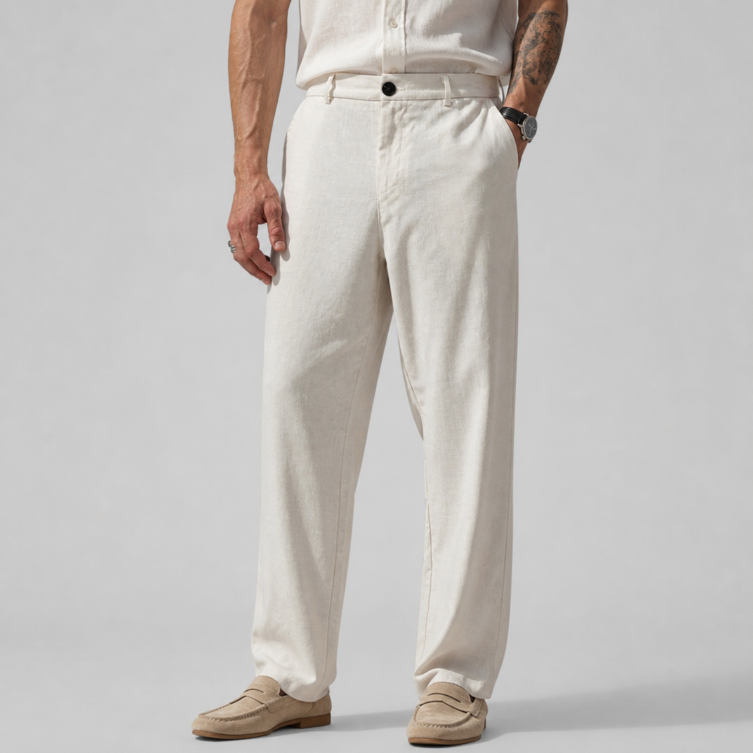 Men’s Coffee Brown Relaxed-Fit Linen-Blend Trousers
