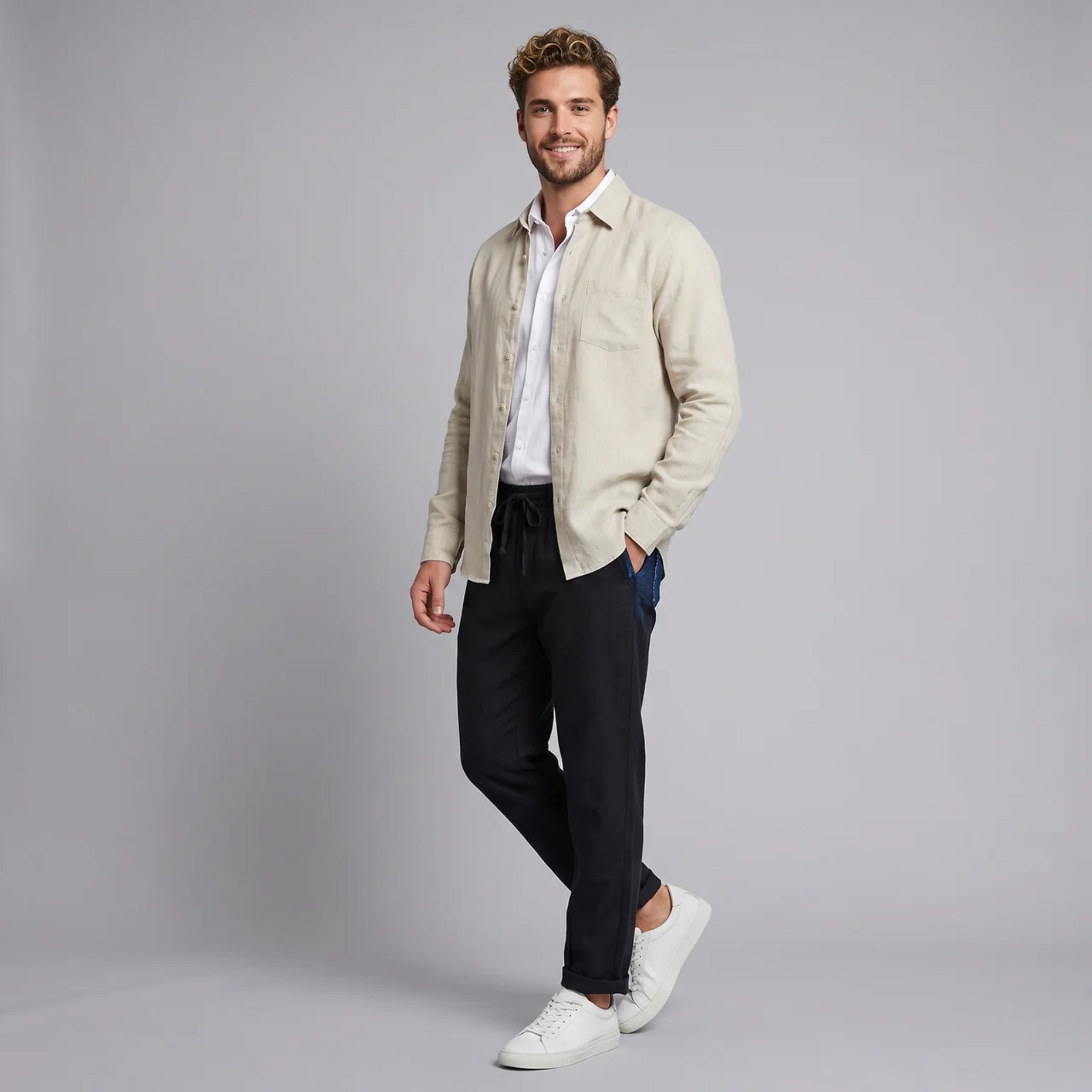 Men’s Linen-Blend Long-Sleeve Shirt and Drawstring Trousers Set
