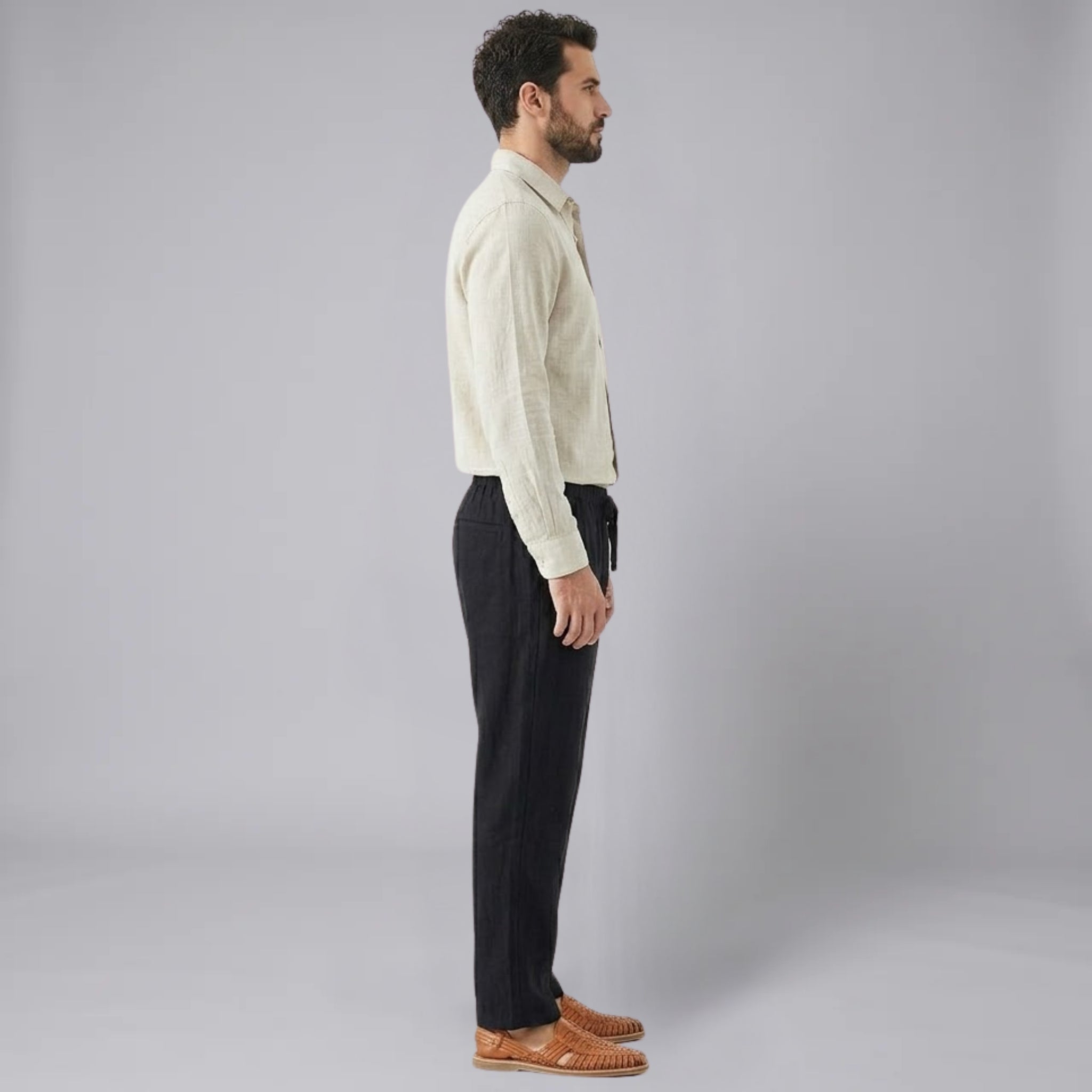 Men’s Linen-Blend Long-Sleeve Shirt and Drawstring Trousers Set