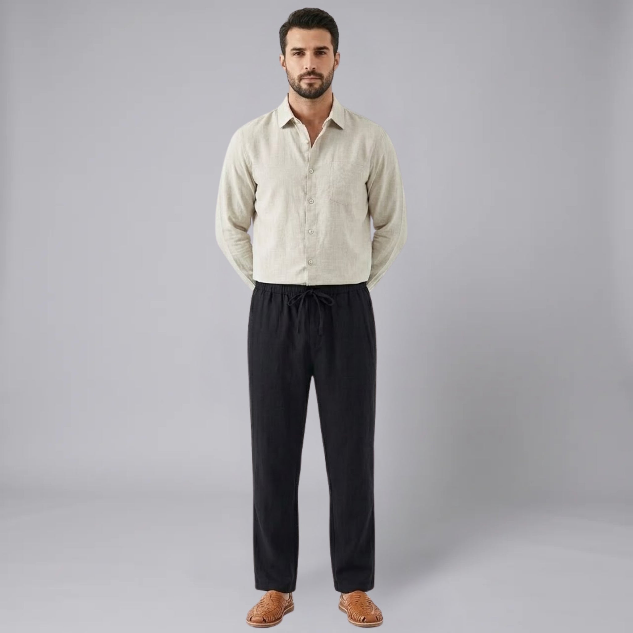 Men’s Linen-Blend Long-Sleeve Shirt and Drawstring Trousers Set