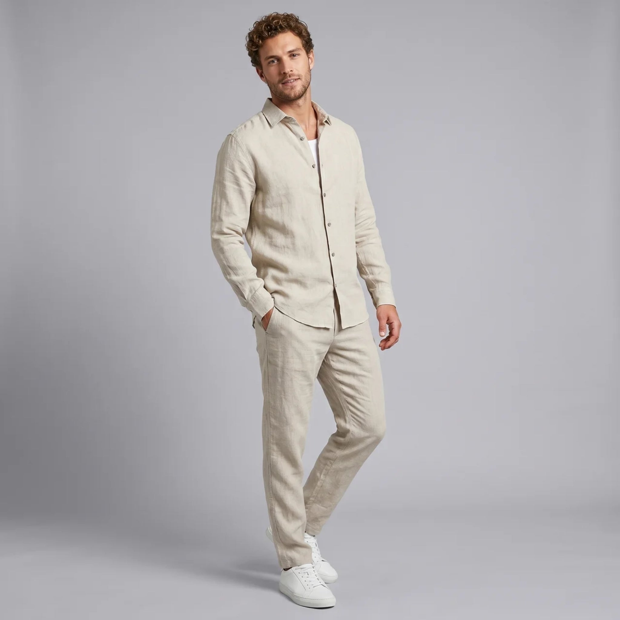 Men’s Linen-Blend Long-Sleeve Shirt and Trousers Set
