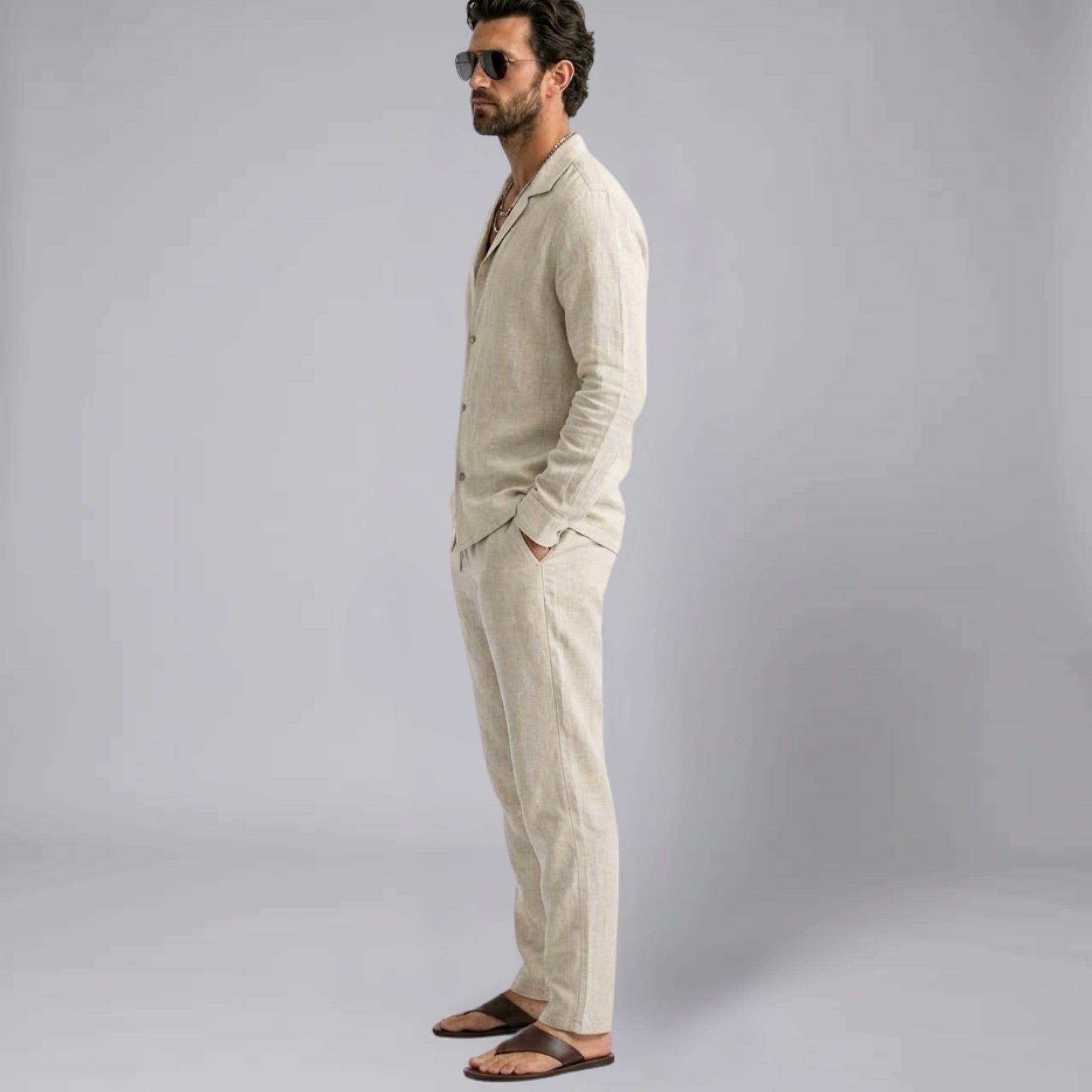 Men’s Linen-Blend Long-Sleeve Shirt and Trousers Set