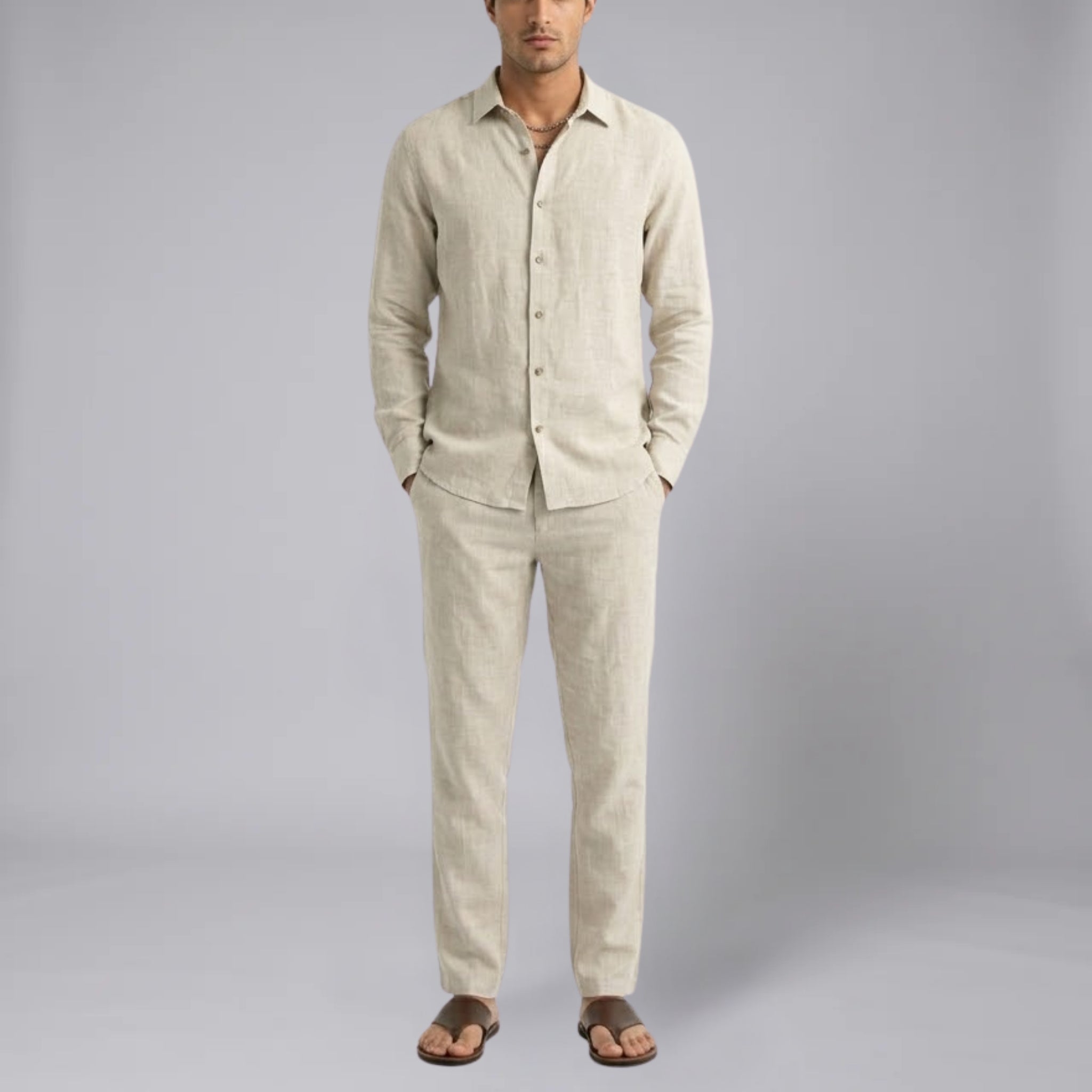 Men’s Linen-Blend Long-Sleeve Shirt and Trousers Set