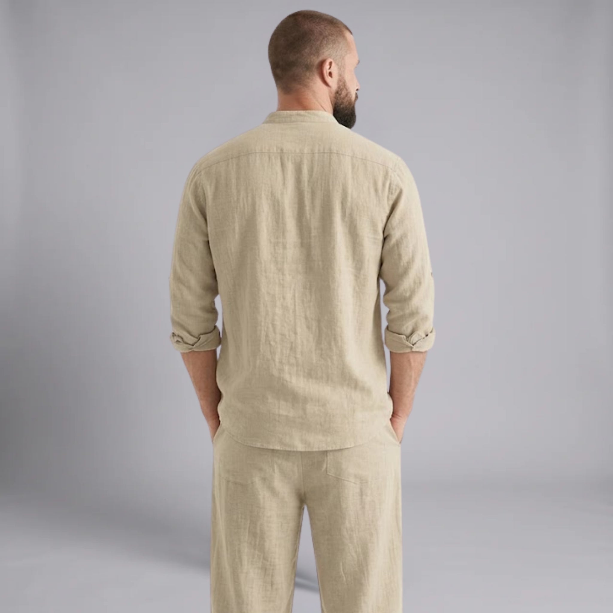 Men’s Linen-Blend Mandarin-Collar Pocket Shirt