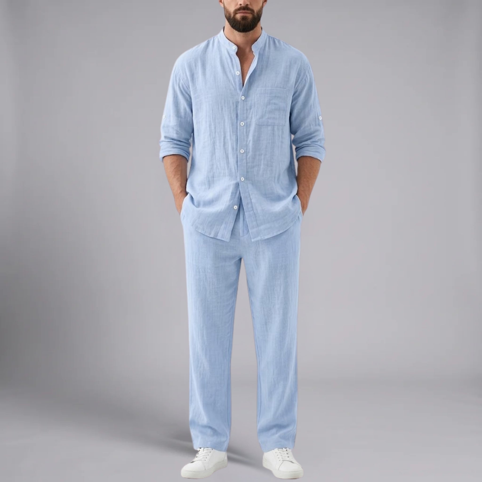Men’s Linen-Blend Mandarin-Collar Pocket Shirt
