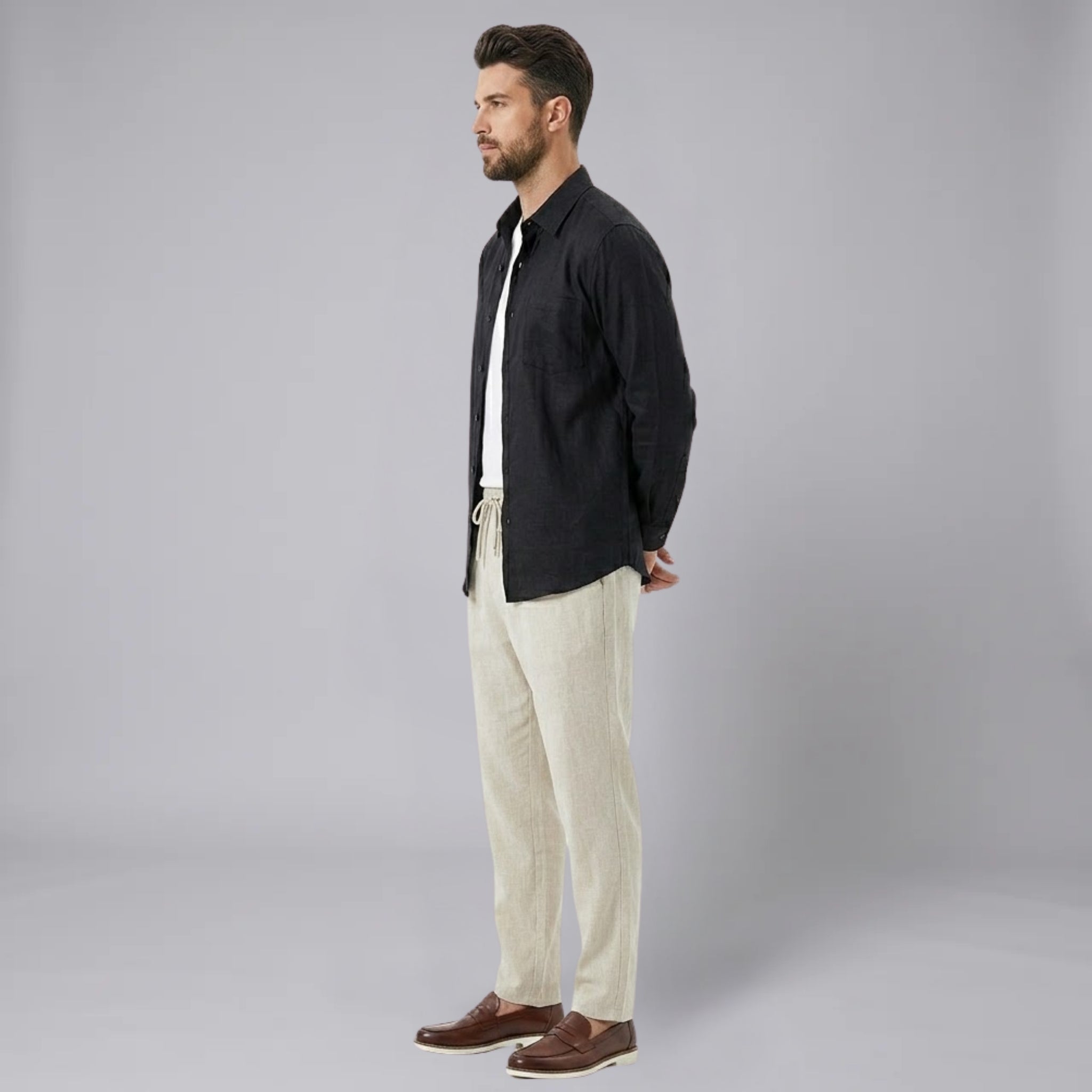 Men’s Linen-Blend Pocket Shirt and Straight-Leg Trousers Set
