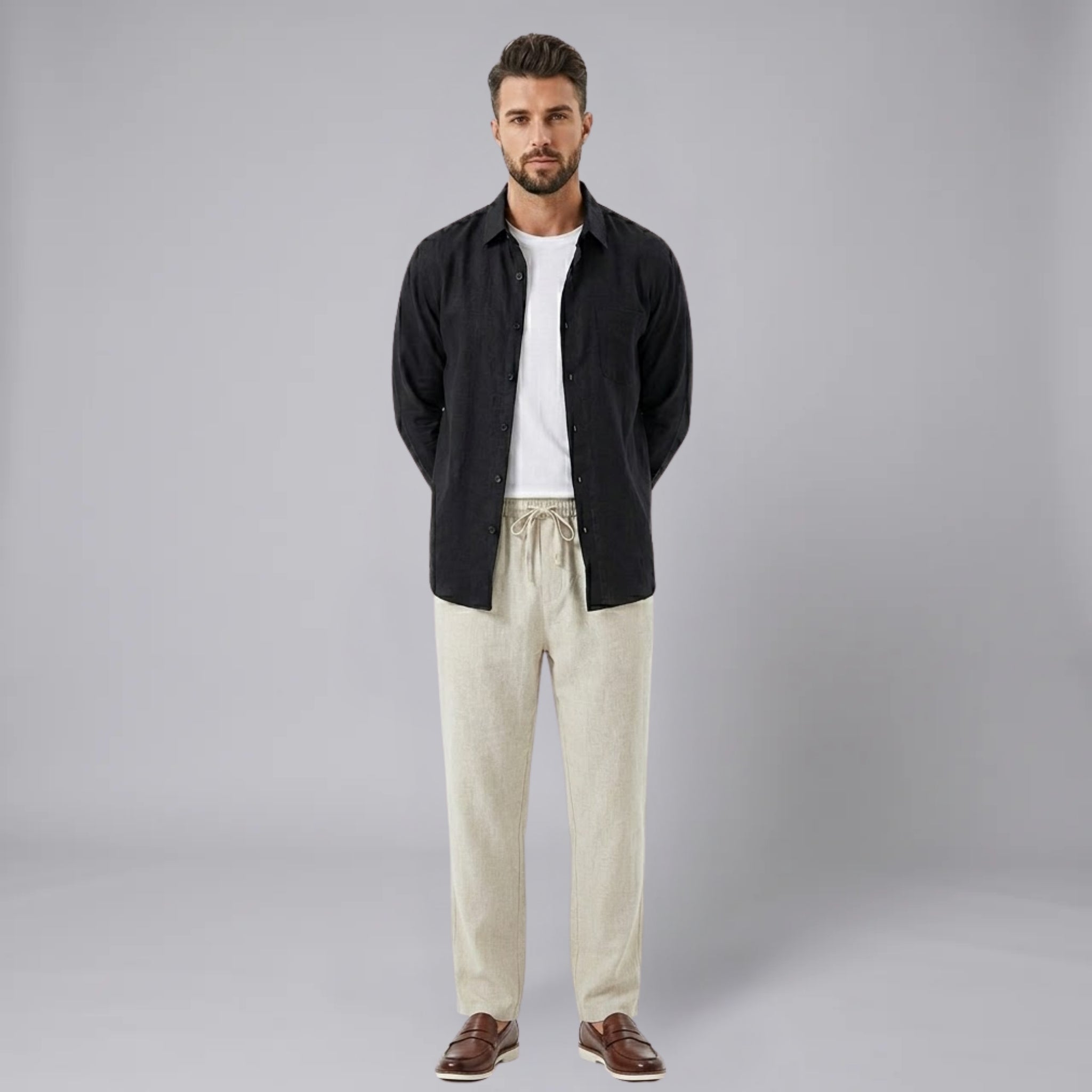 Men’s Linen-Blend Pocket Shirt and Straight-Leg Trousers Set