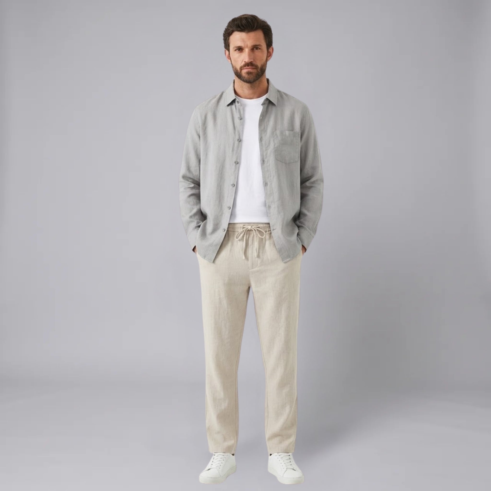 Men’s Linen-Blend Pocket Shirt and Straight-Leg Trousers Set