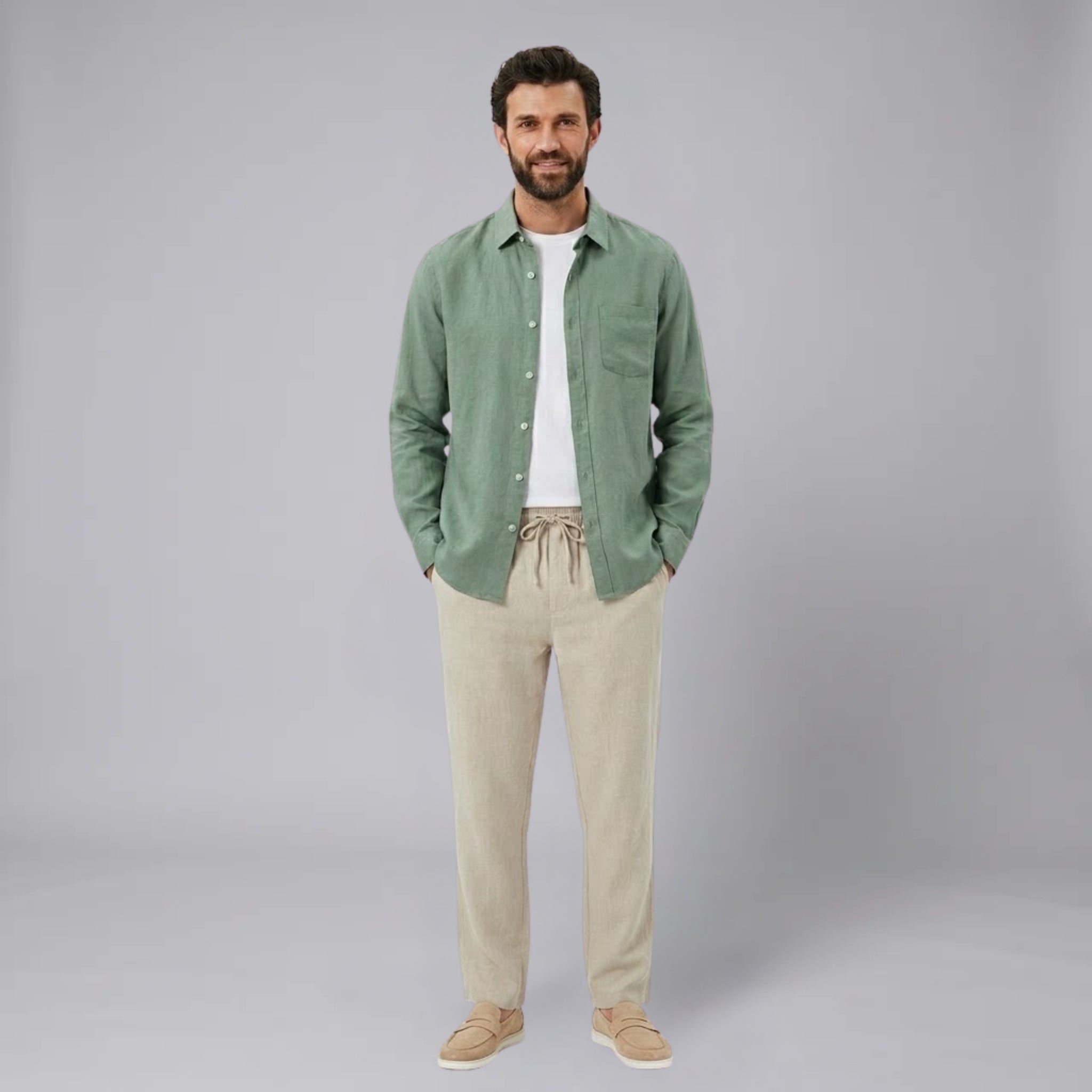 Men’s Linen-Blend Pocket Shirt and Straight-Leg Trousers Set