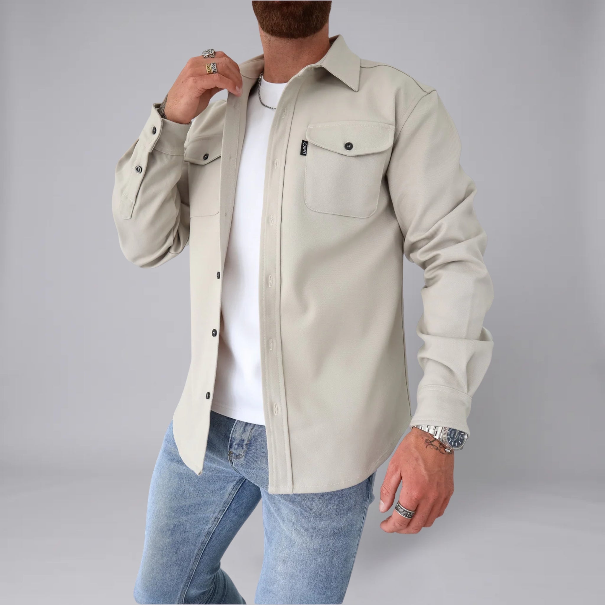 Men’s Long-Sleeve Button-Down Jacket with Dual Chest Pockets