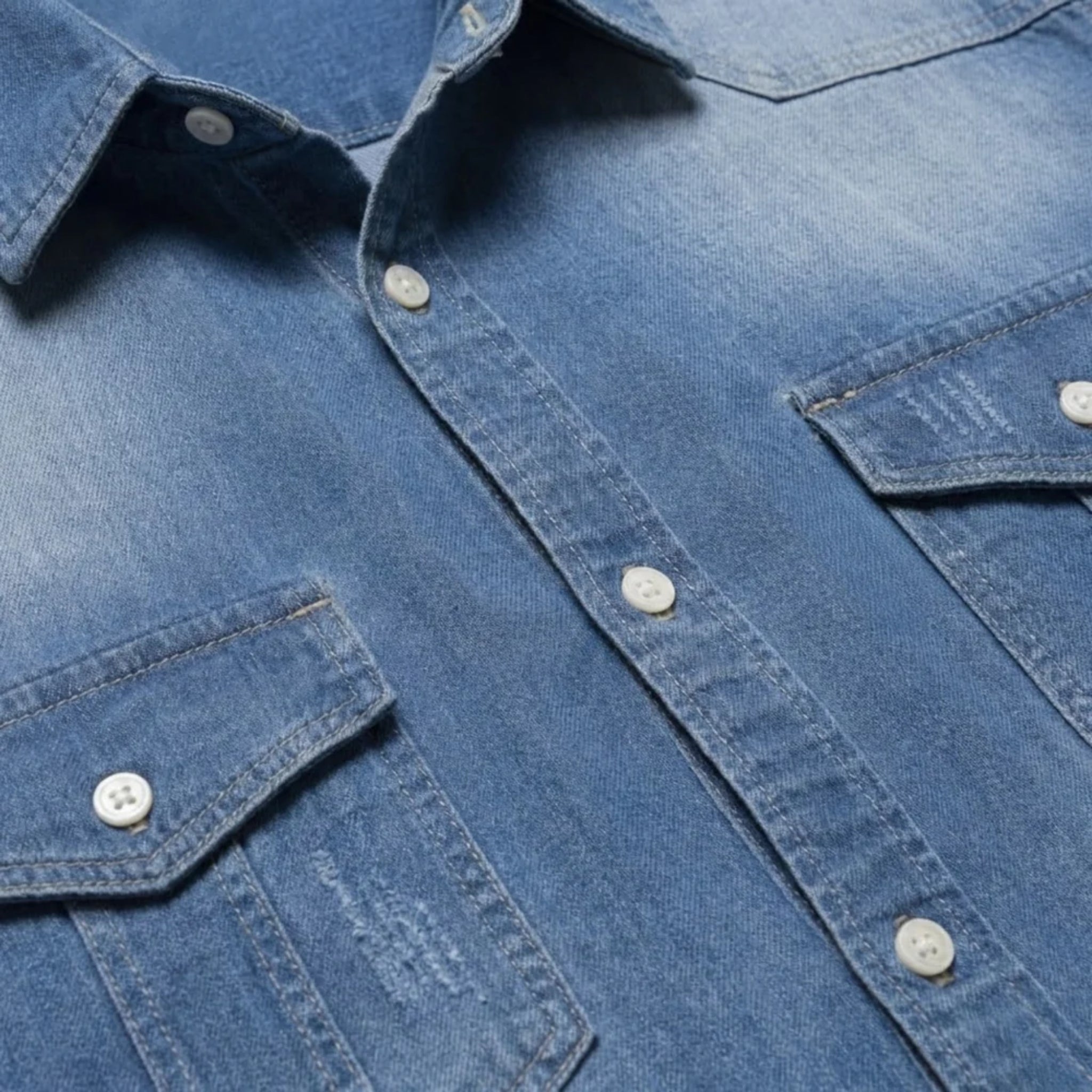 Men’s Long-Sleeve Denim Button-Down Shirt with Curved Hem