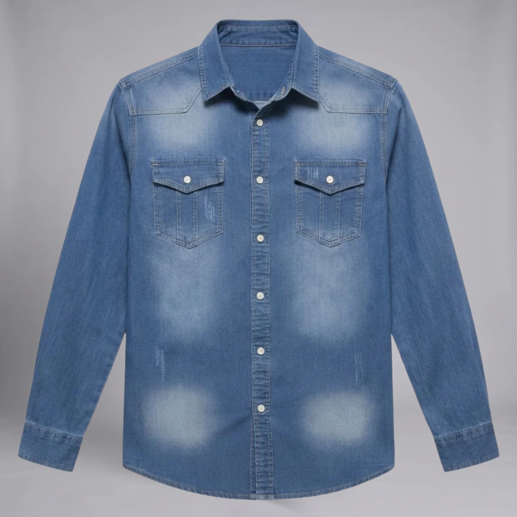 Men’s Long-Sleeve Denim Button-Down Shirt with Curved Hem