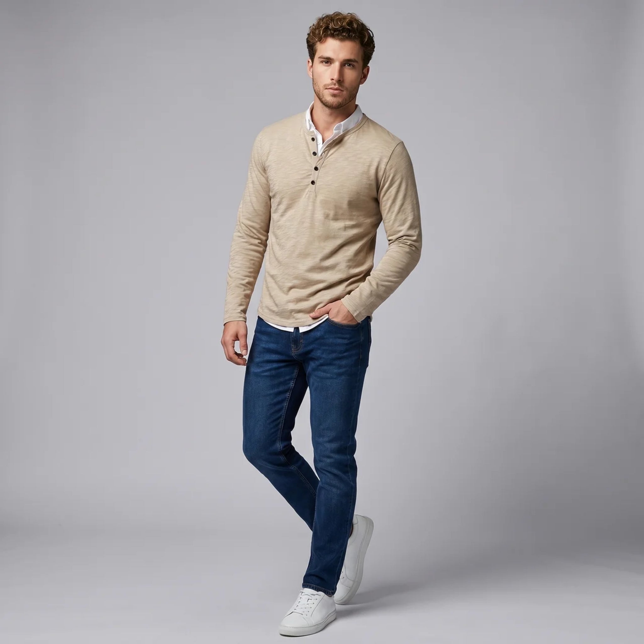 Men’s Long-Sleeve Henley T-Shirt with Curved Hem