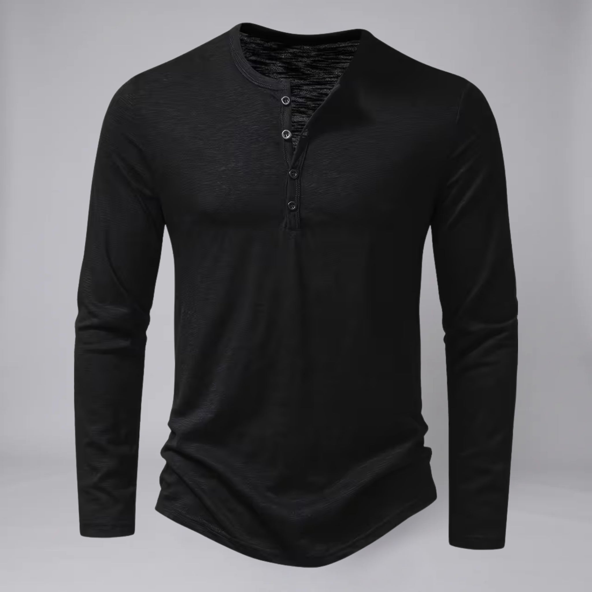 Men’s Long-Sleeve Henley T-Shirt with Curved Hem