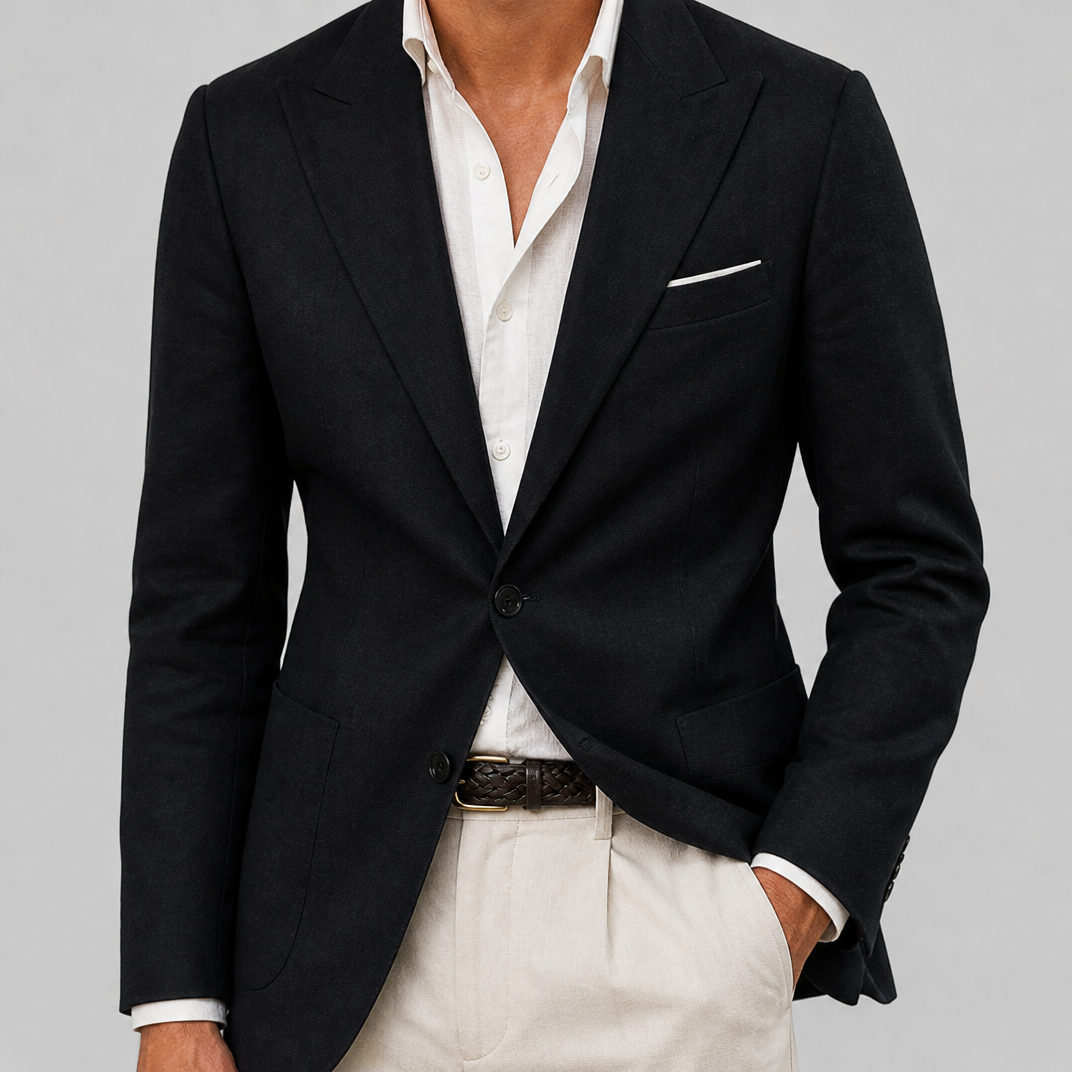 Men’s Midnight Blue Casual Tailored Linen-Blend Blazer