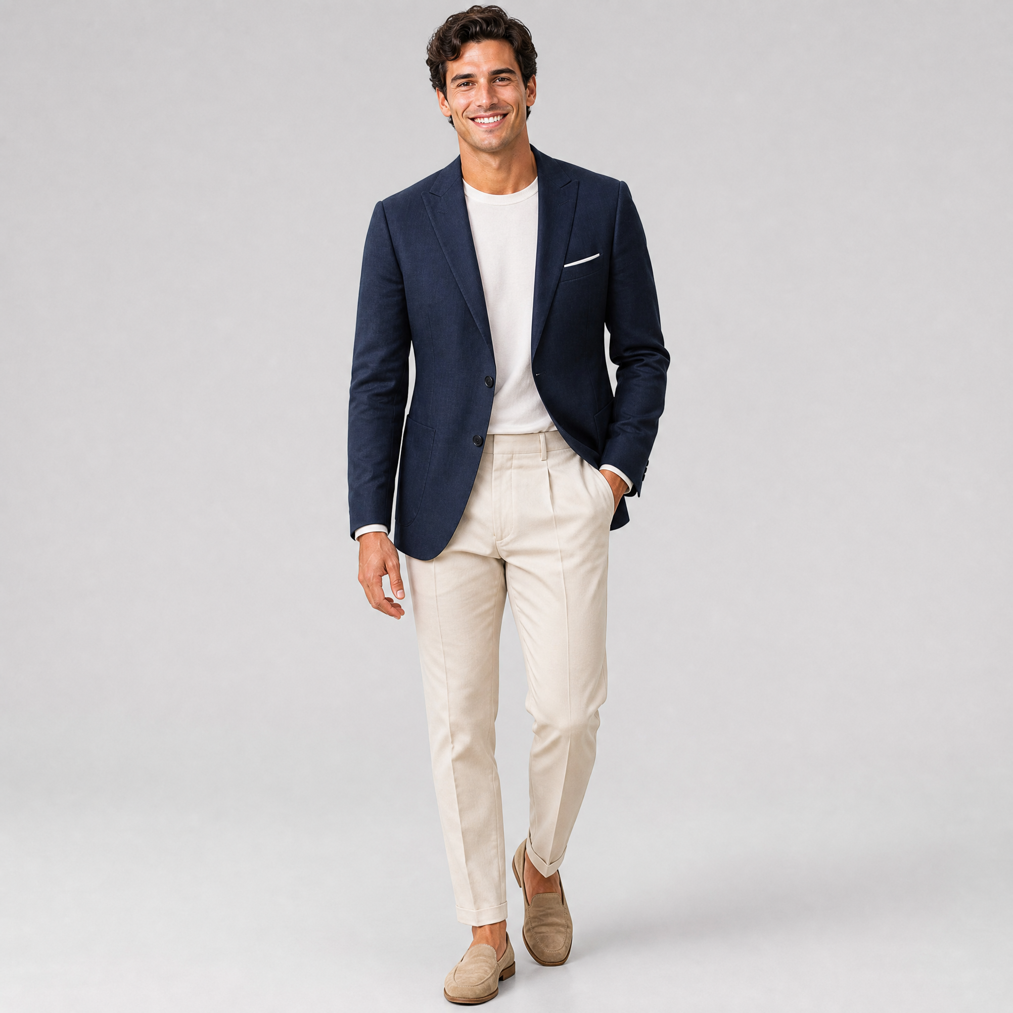 Men’s Midnight Blue Casual Tailored Linen-Blend Blazer