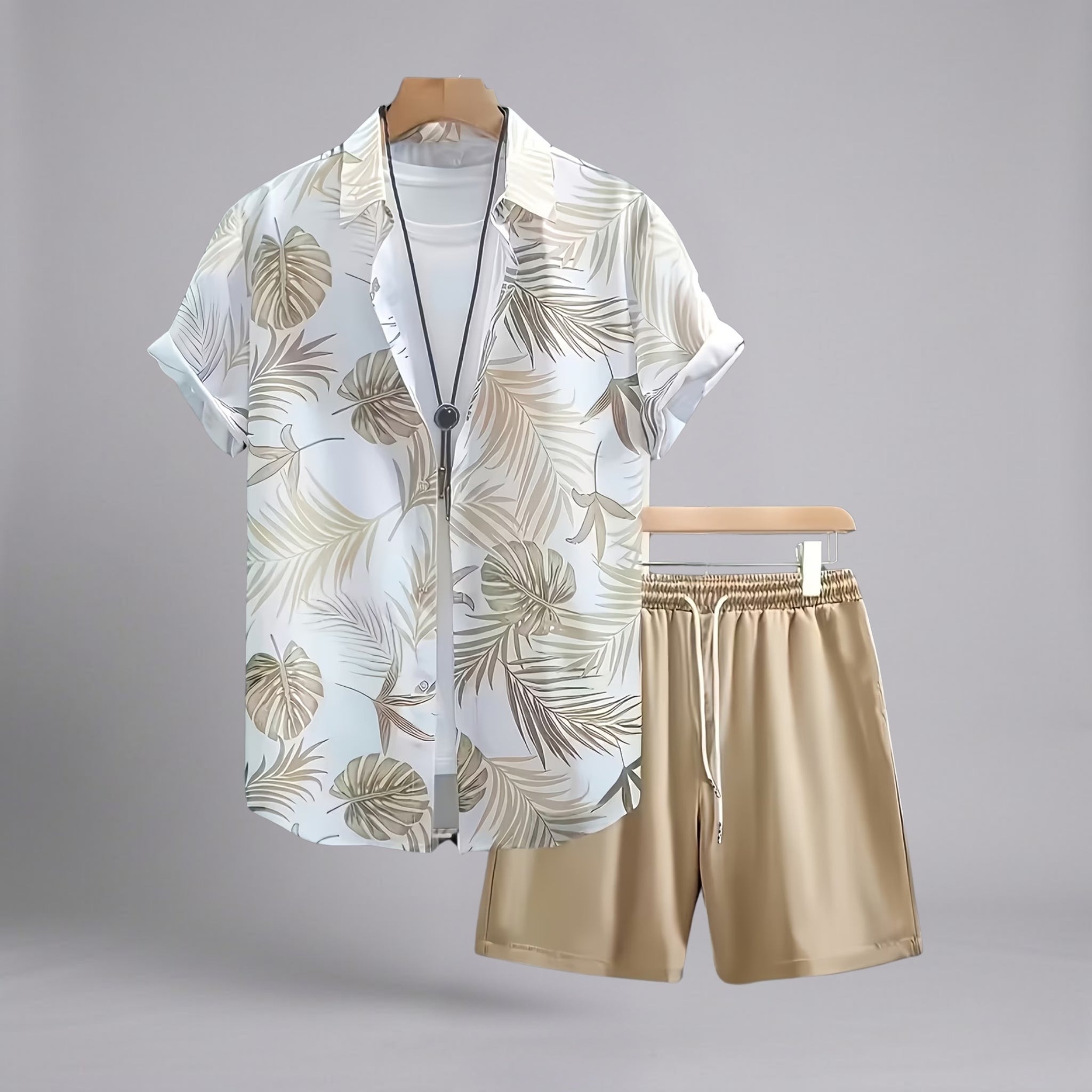 Men’s Palm-Print Cuban-Collar Lustrous Resort Shorts Set