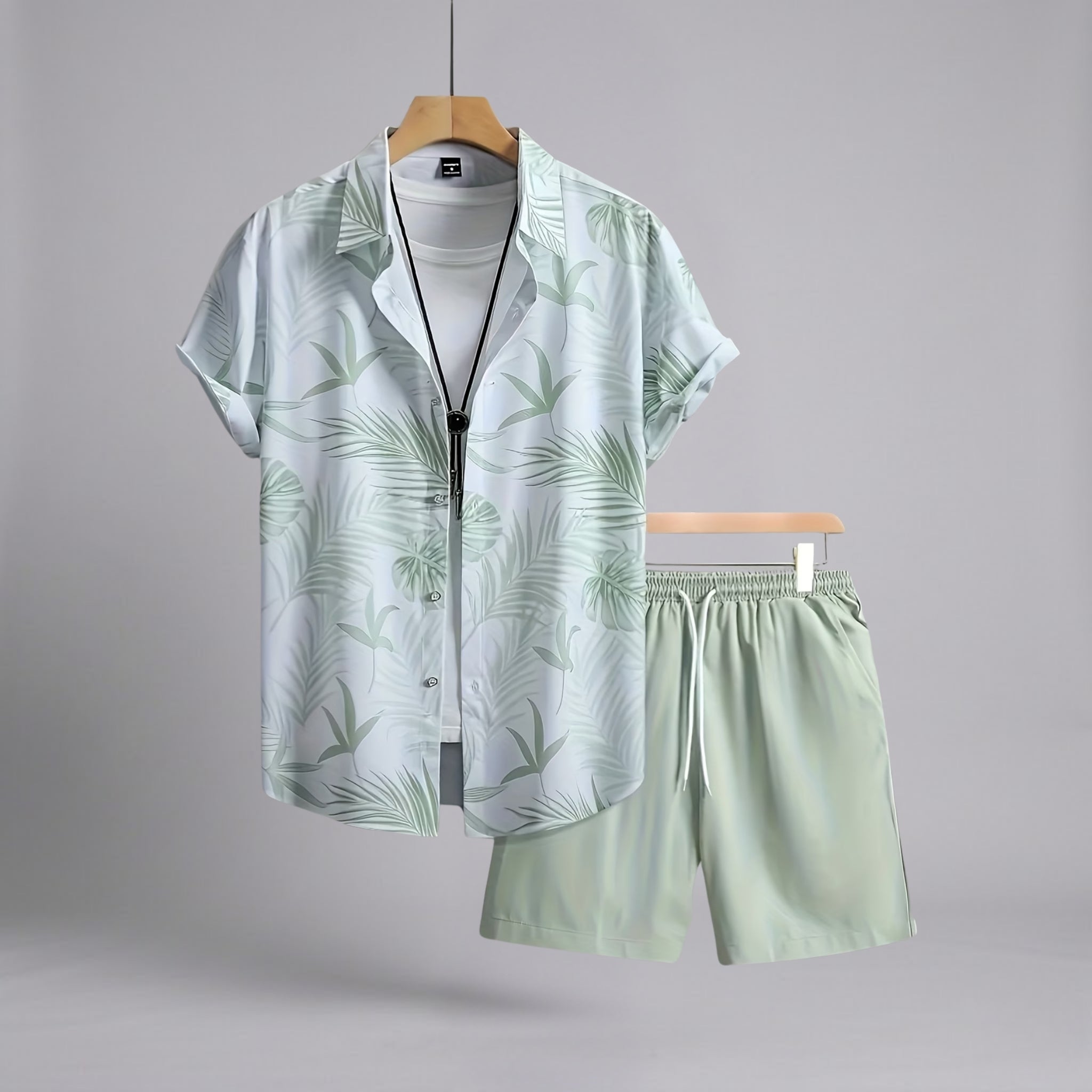 Men’s Palm-Print Cuban-Collar Lustrous Resort Shorts Set