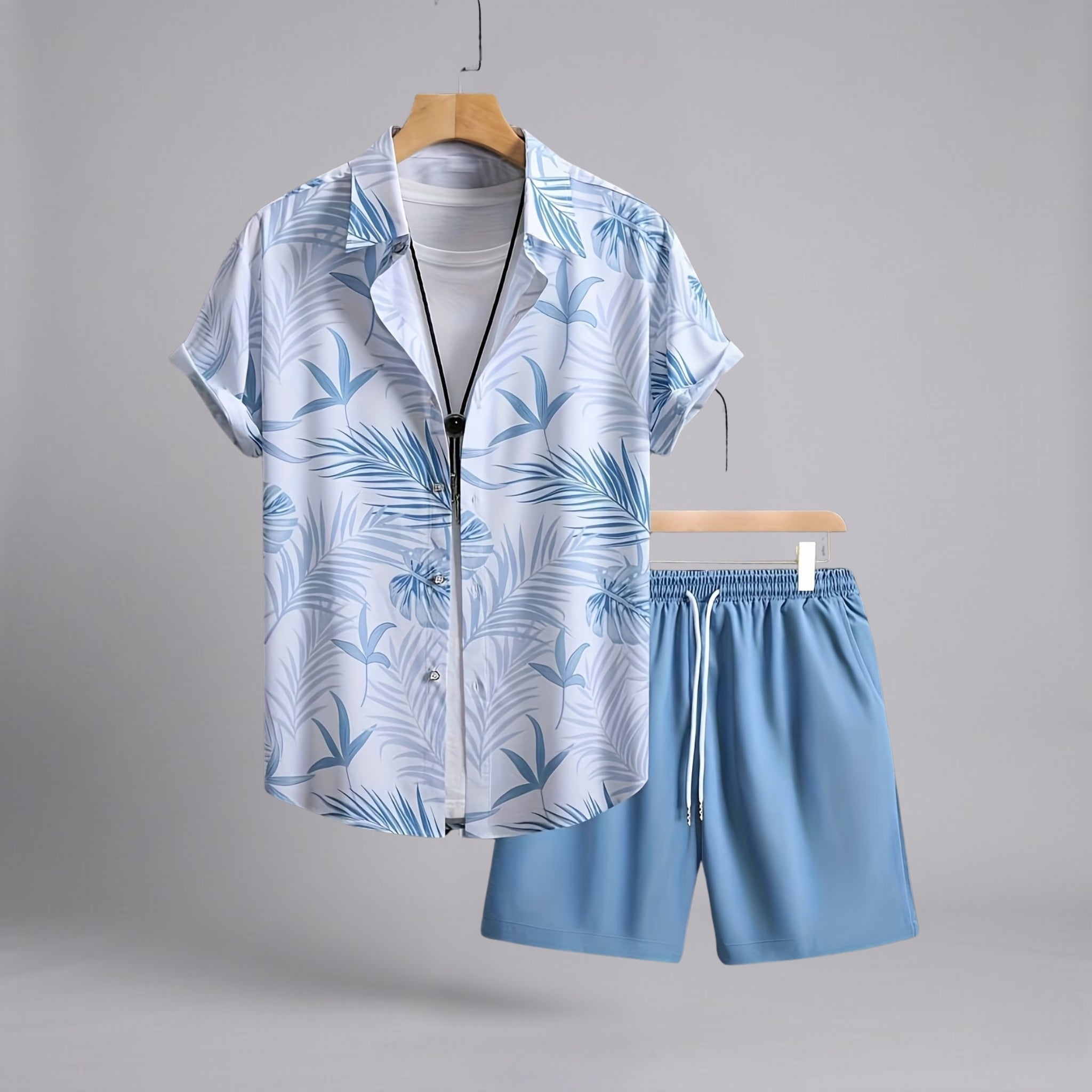 Men’s Palm-Print Cuban-Collar Lustrous Resort Shorts Set