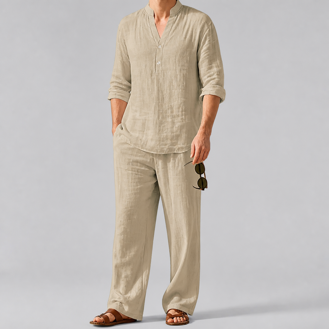 Men’s Relaxed-Fit Black Linen Mandarin Collar Set