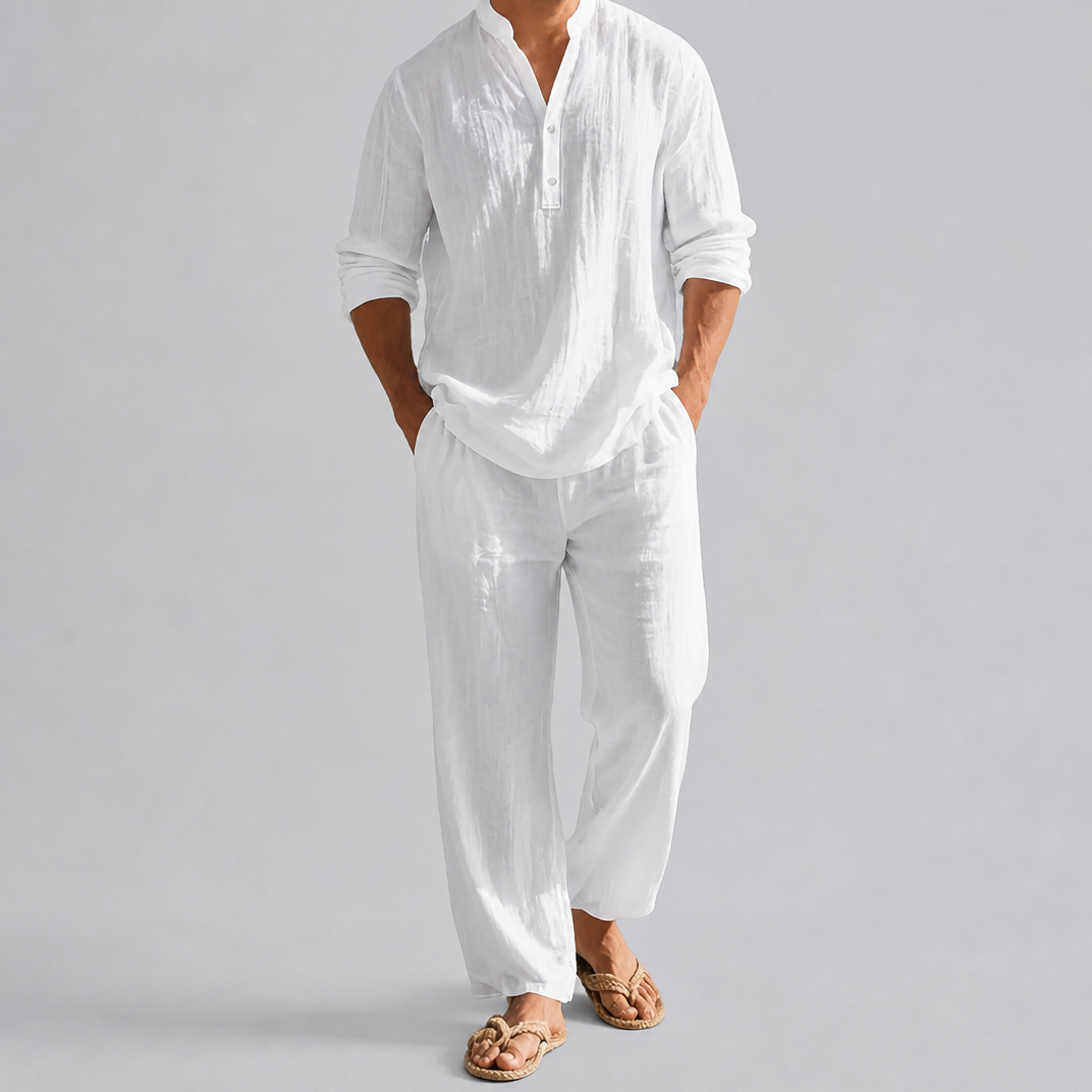 Men’s Relaxed-Fit Black Linen Mandarin Collar Set