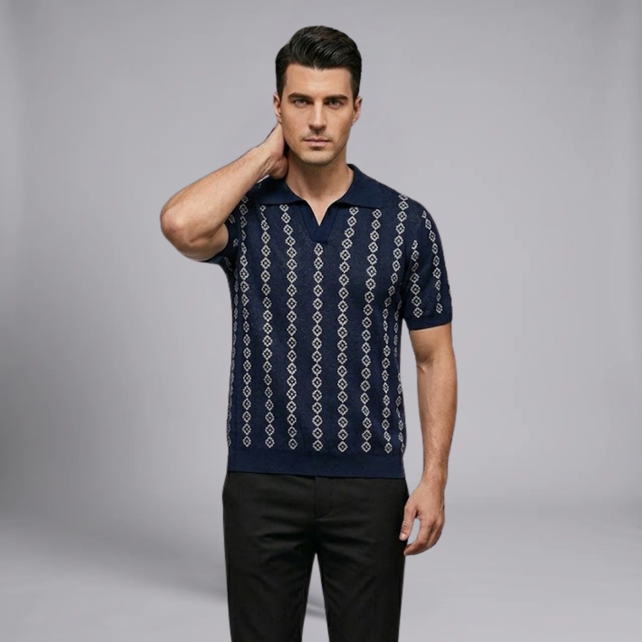 Men’s Retro-Inspired Geometric Knit Polo Shirt