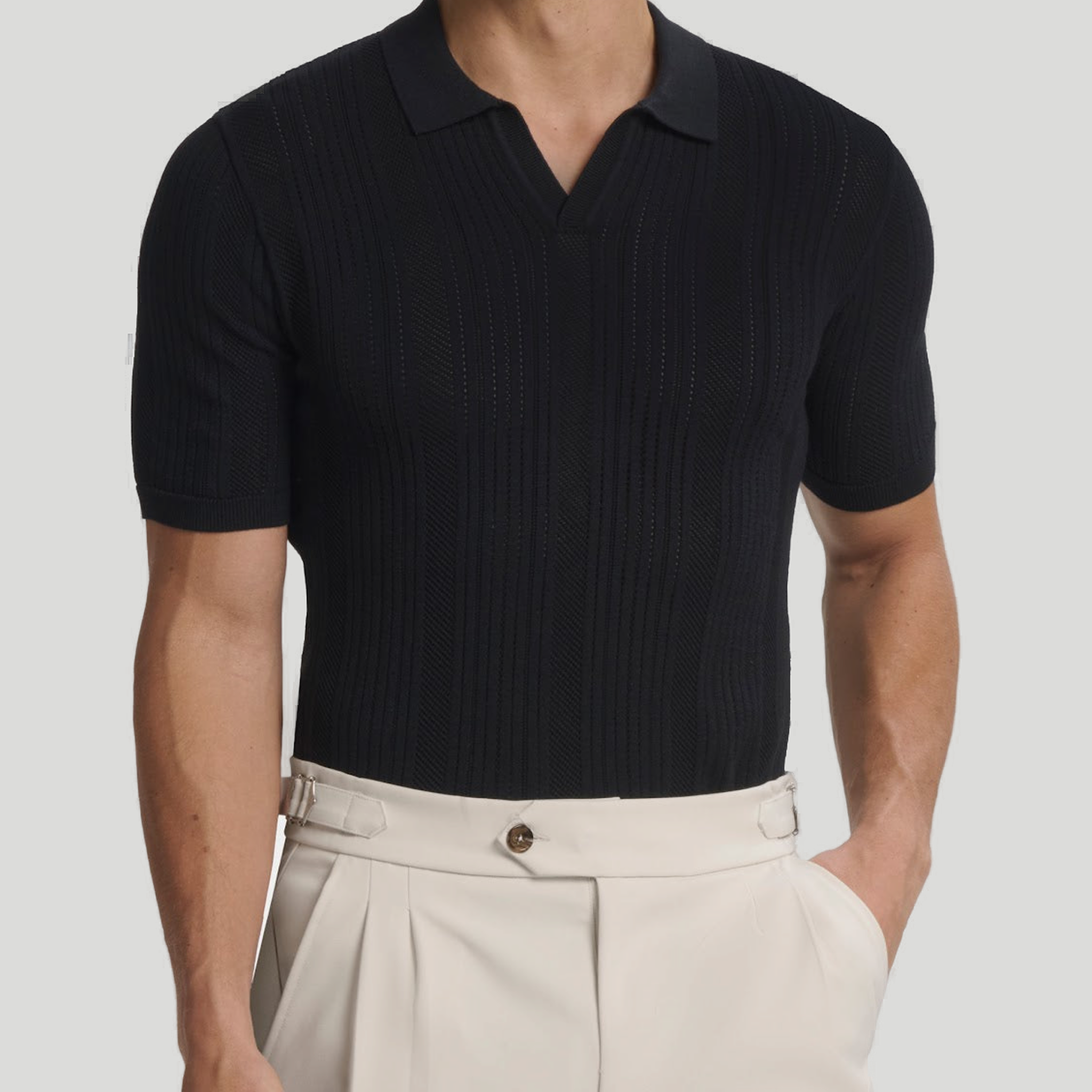 Men’s Short-Sleeve Open Collar Textured Knit Polo Shirt