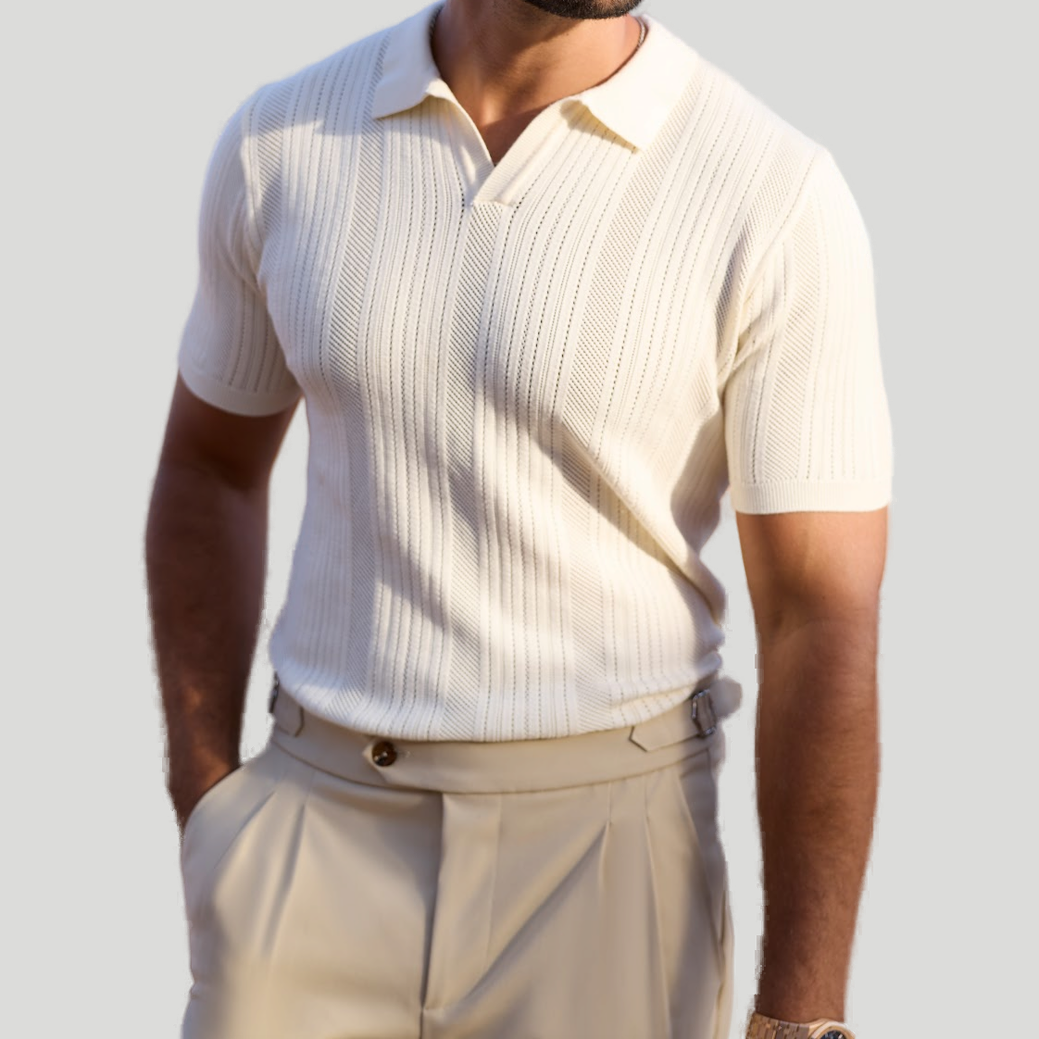 Men’s Short-Sleeve Open Collar Textured Knit Polo Shirt