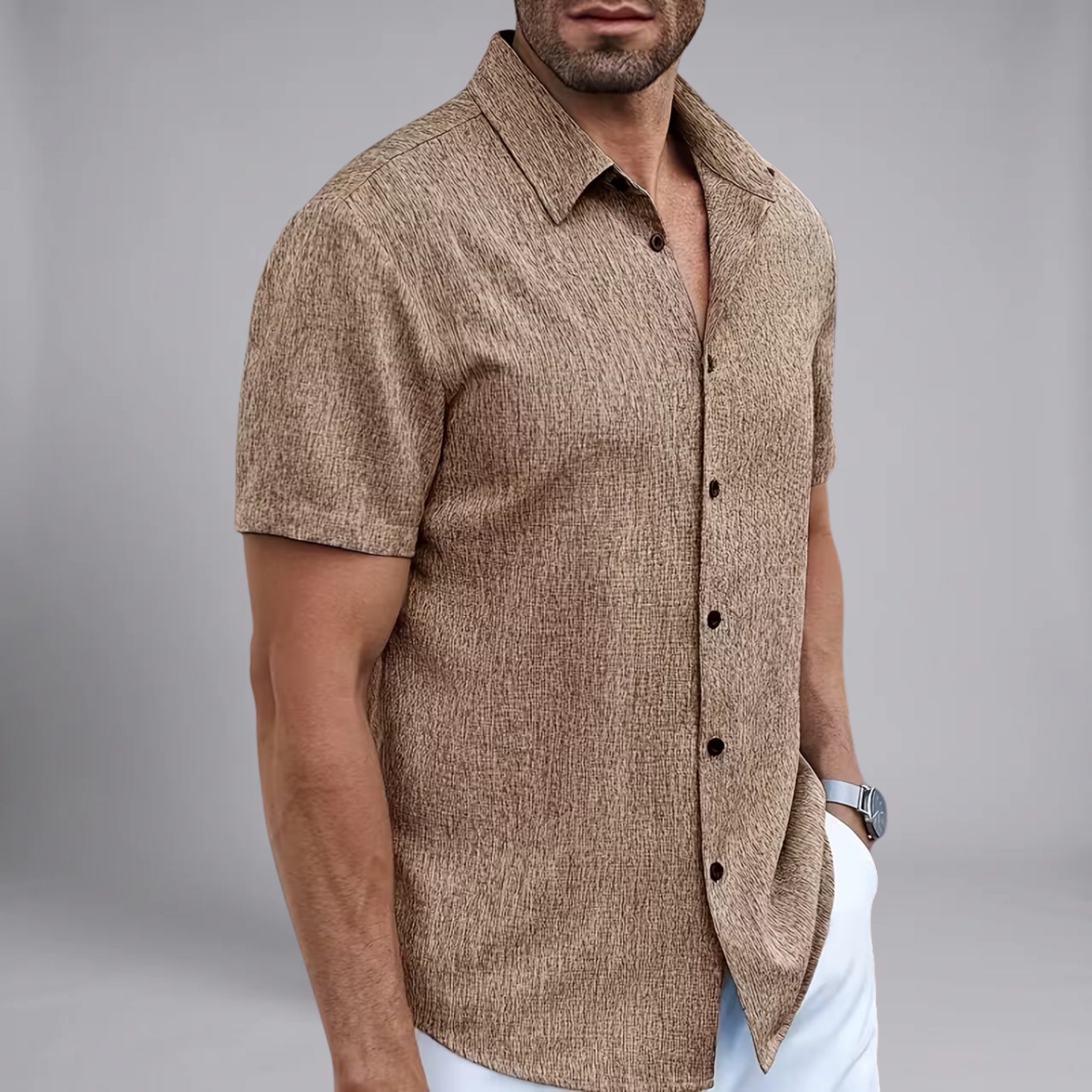 Men’s Short-Sleeve Shirt with Textured Woven Finish and Point Collar