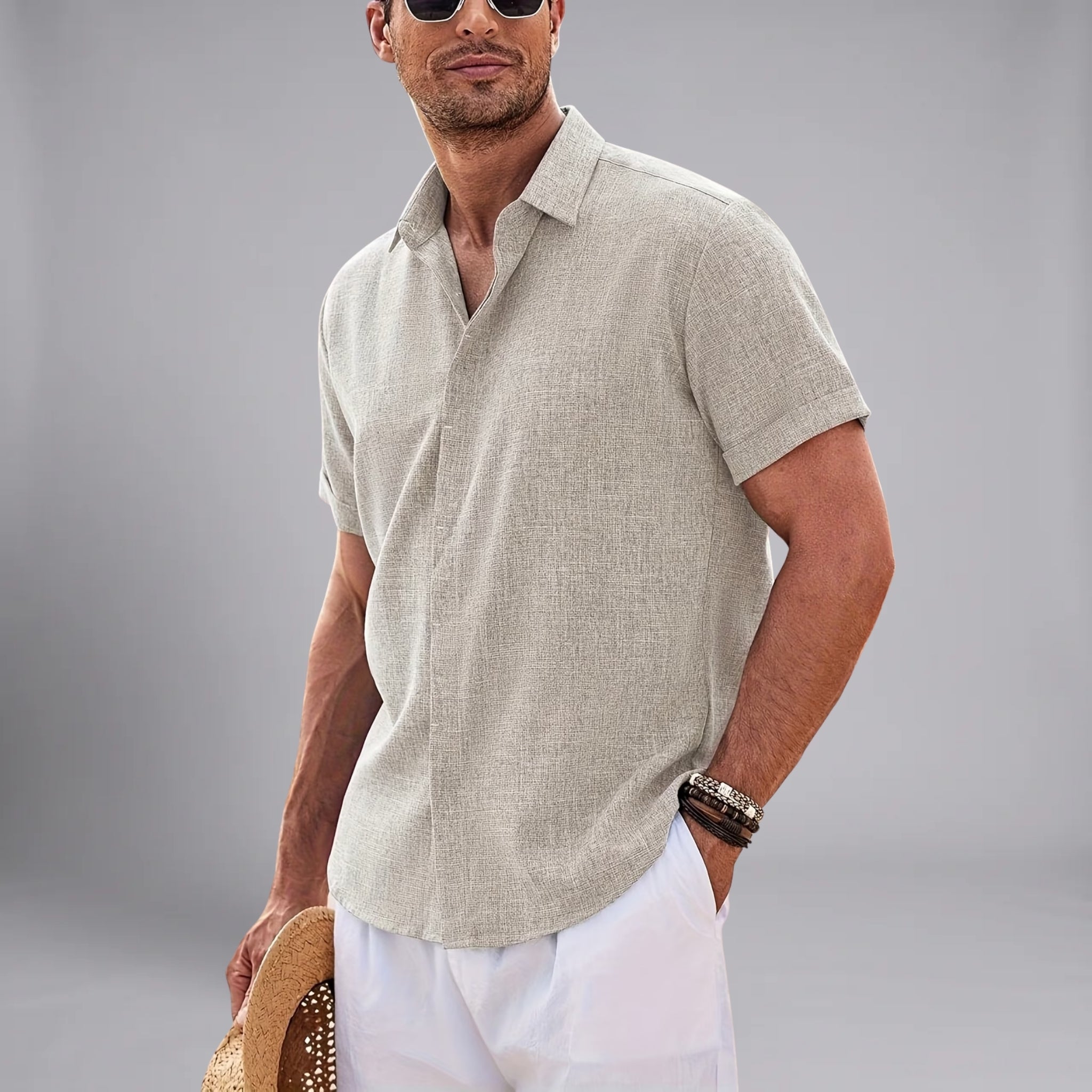 Men’s Short-Sleeve Shirt with Textured Woven Finish and Point Collar