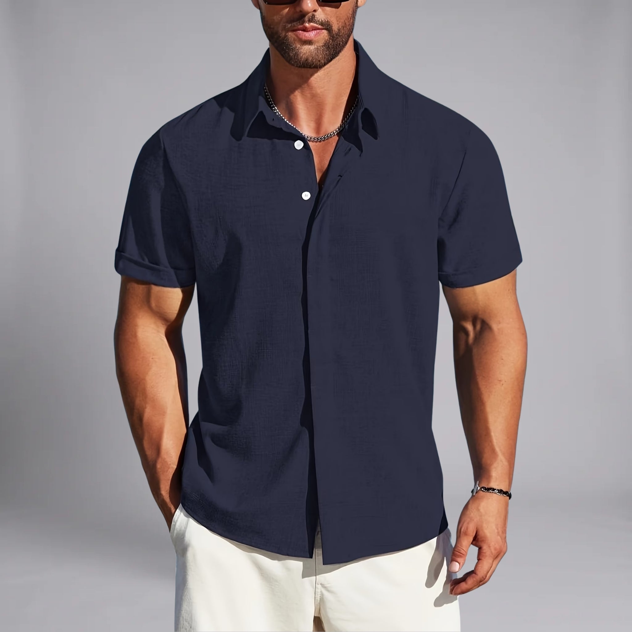 Men’s Short-Sleeve Shirt with Textured Woven Finish and Point Collar