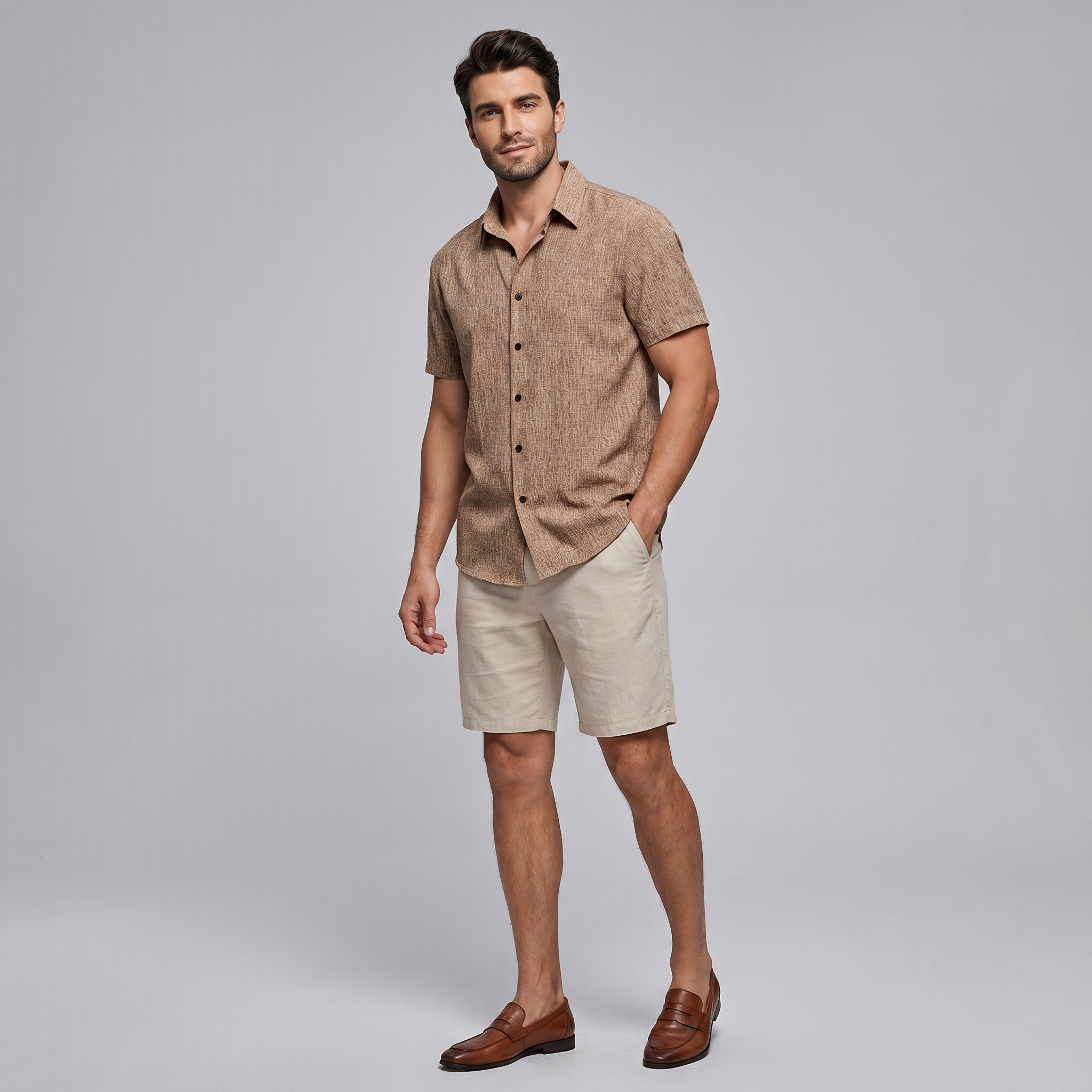 Men’s Short-Sleeve Shirt with Textured Woven Finish and Point Collar