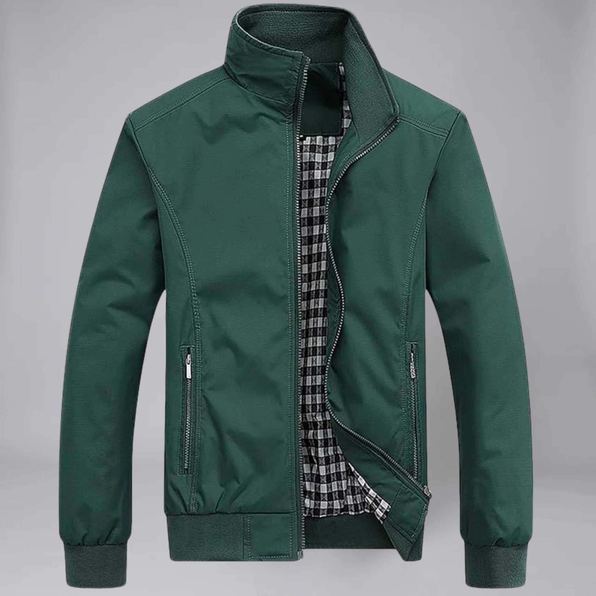 Men’s Stand-Collar Zip-Up Jacket with Checkered Lining