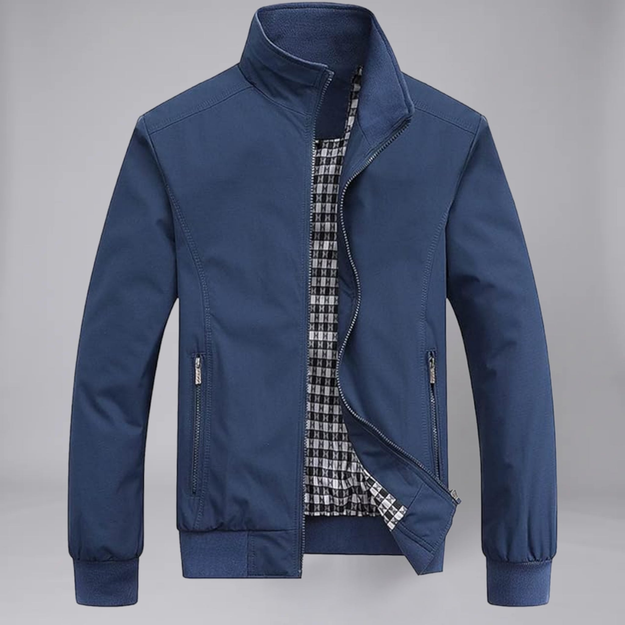 Men’s Stand-Collar Zip-Up Jacket with Checkered Lining