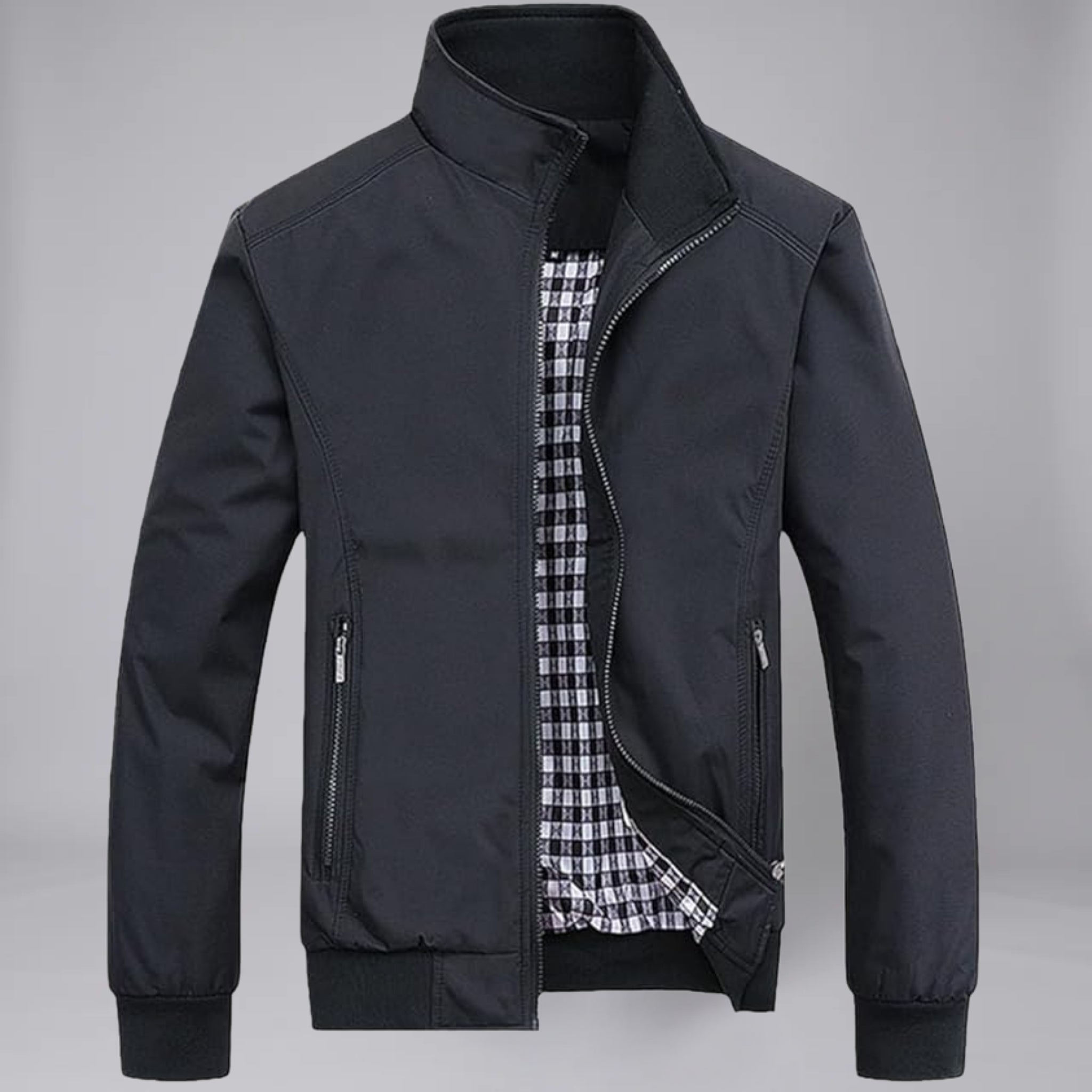 Men’s Stand-Collar Zip-Up Jacket with Checkered Lining