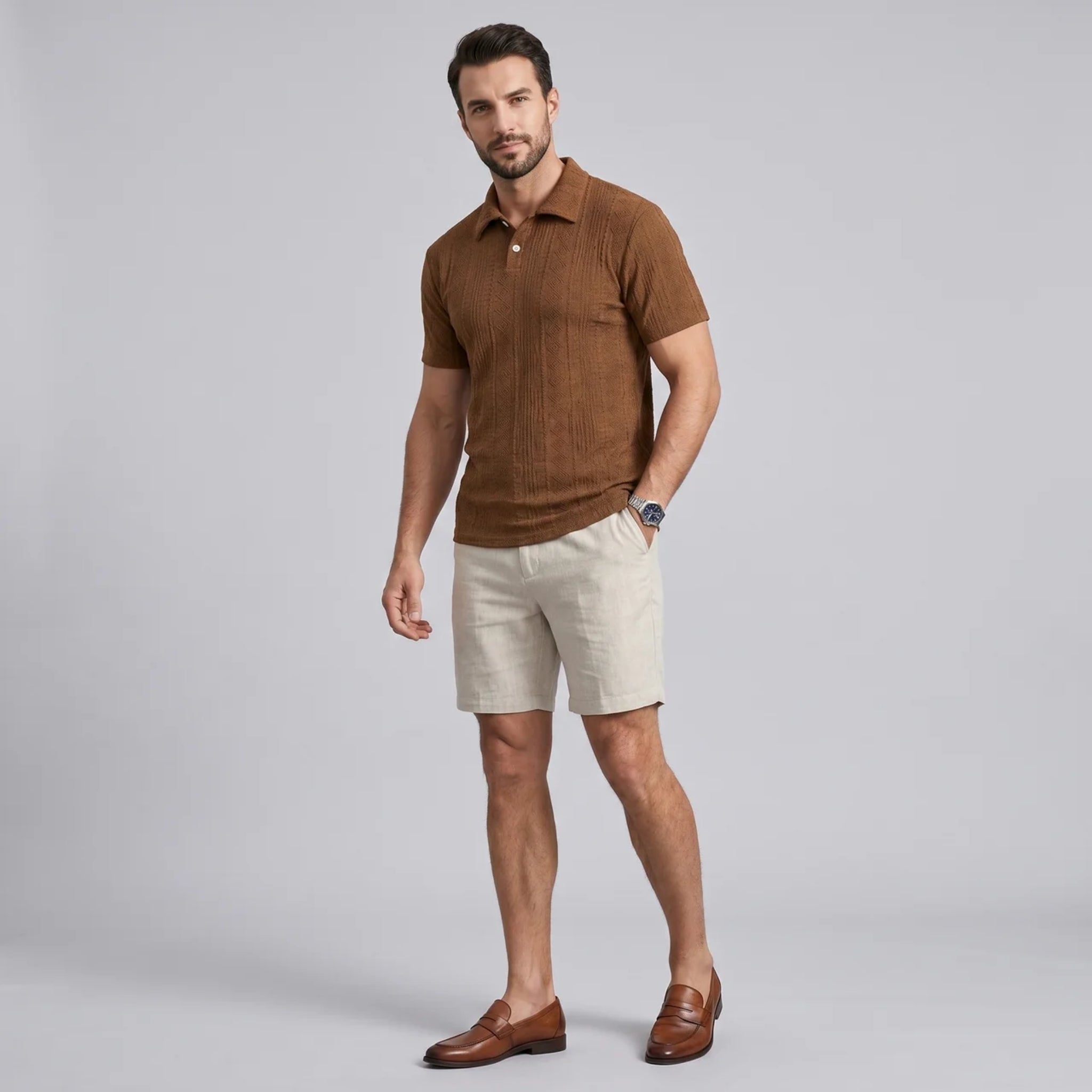 Men’s Textured Geometric Knit Polo Shirt