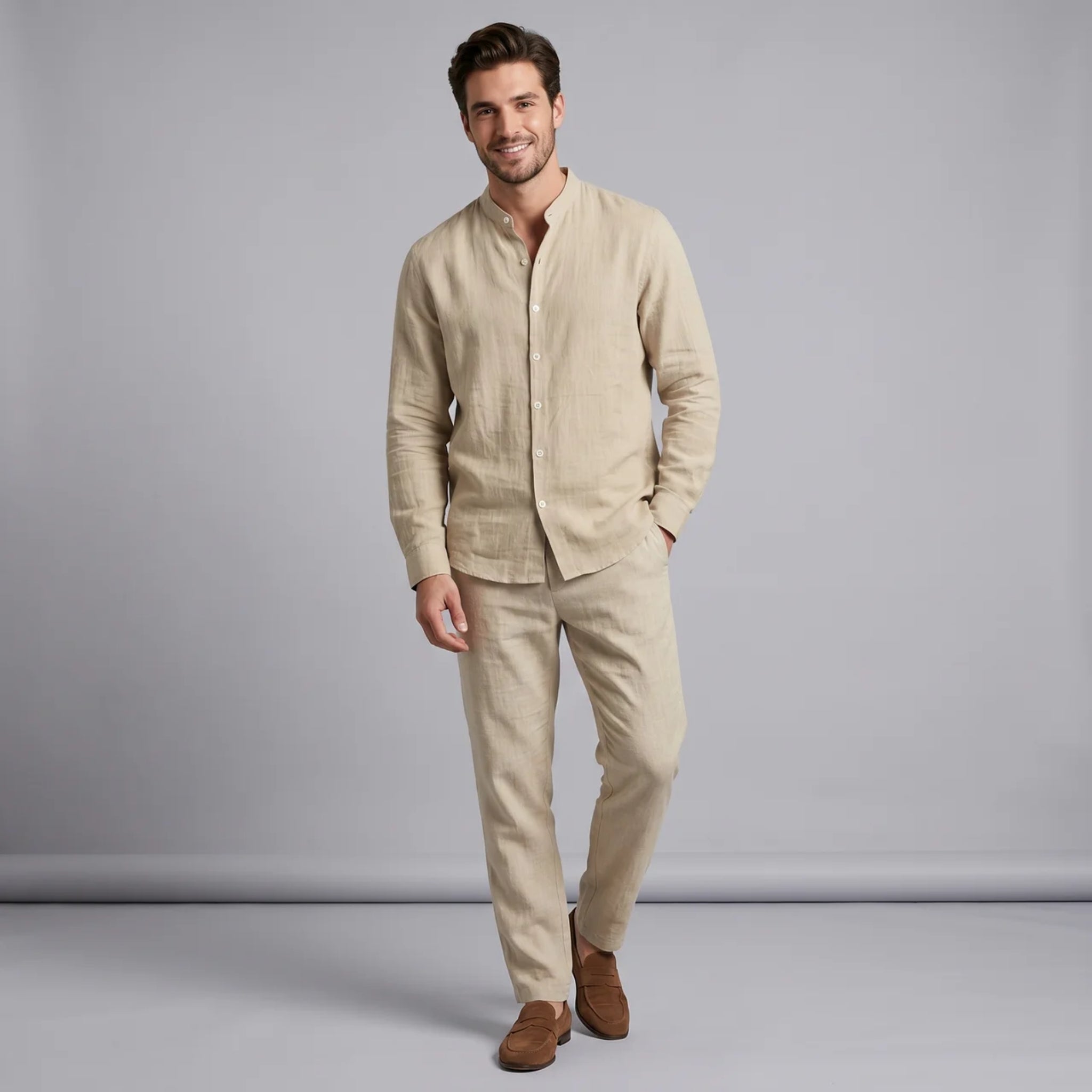 Men’s Textured Grandad-Collar Plain Linen-Blend Shirt