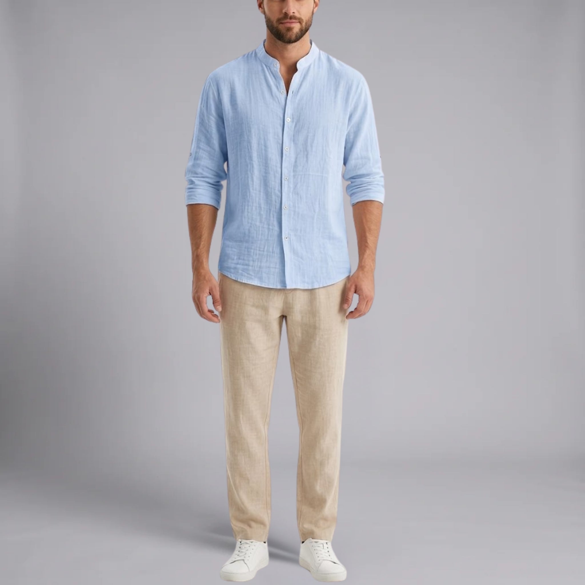 Men’s Textured Grandad-Collar Plain Linen-Blend Shirt